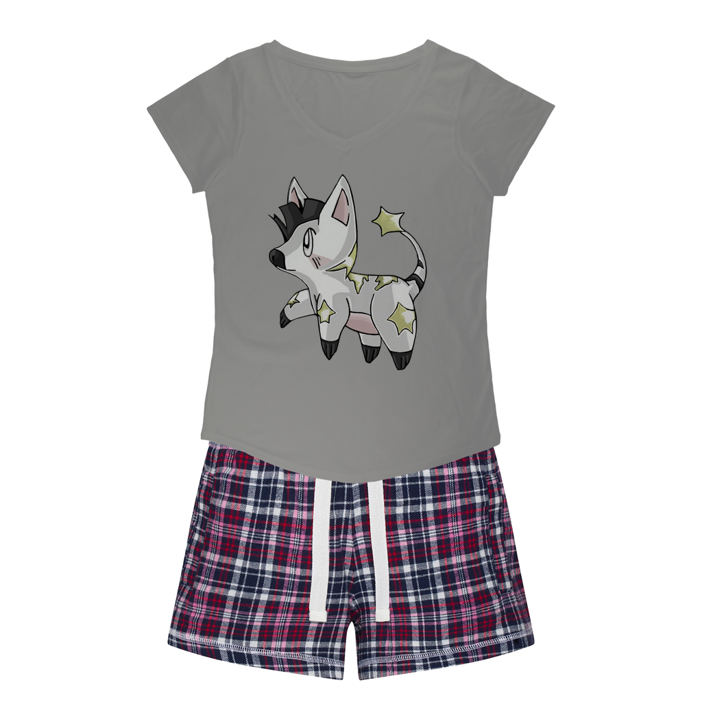 Stalze Women's Sleepy Tee and Flannel Short set featuring a relaxed fit T-shirt and colorful flannel shorts, perfect for cozy nights.