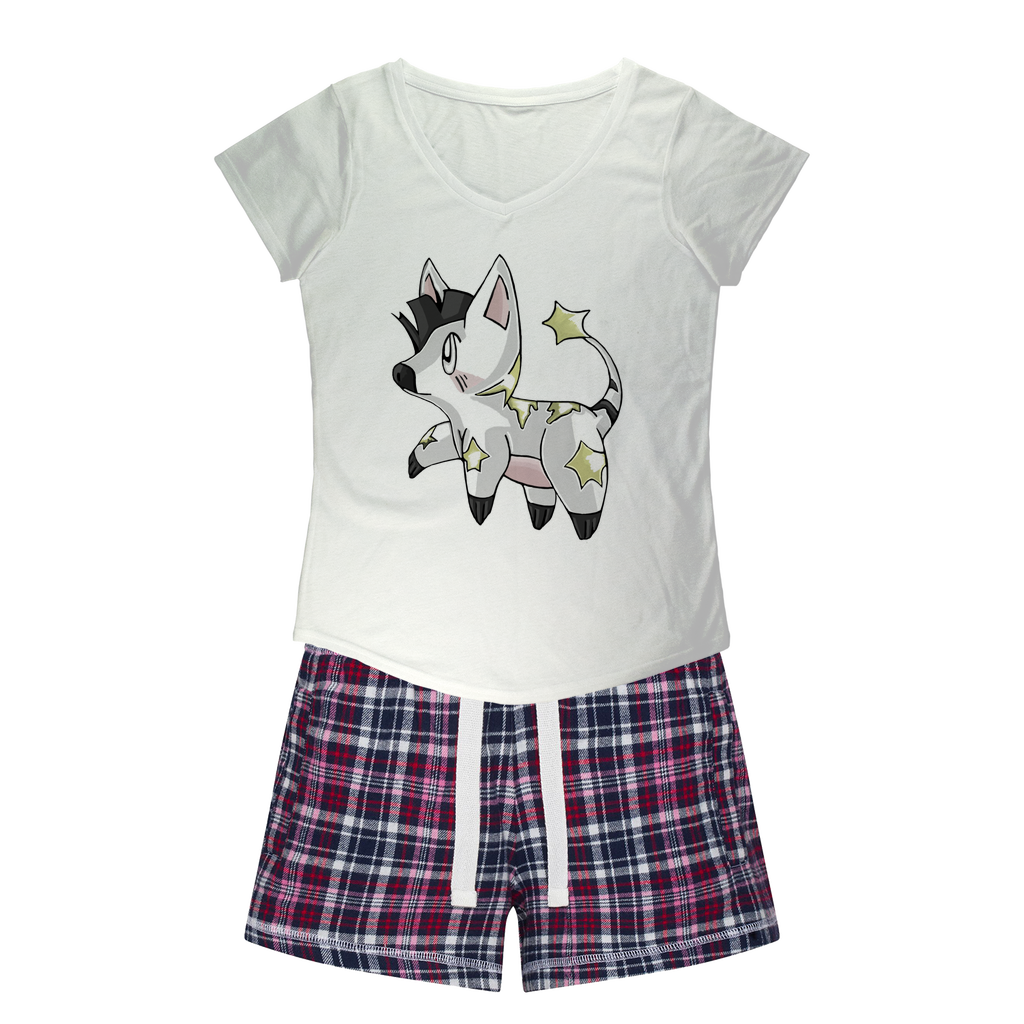 Stalze Women's Sleepy Tee and Flannel Short set featuring a relaxed fit T-shirt and colorful flannel shorts, perfect for cozy nights.