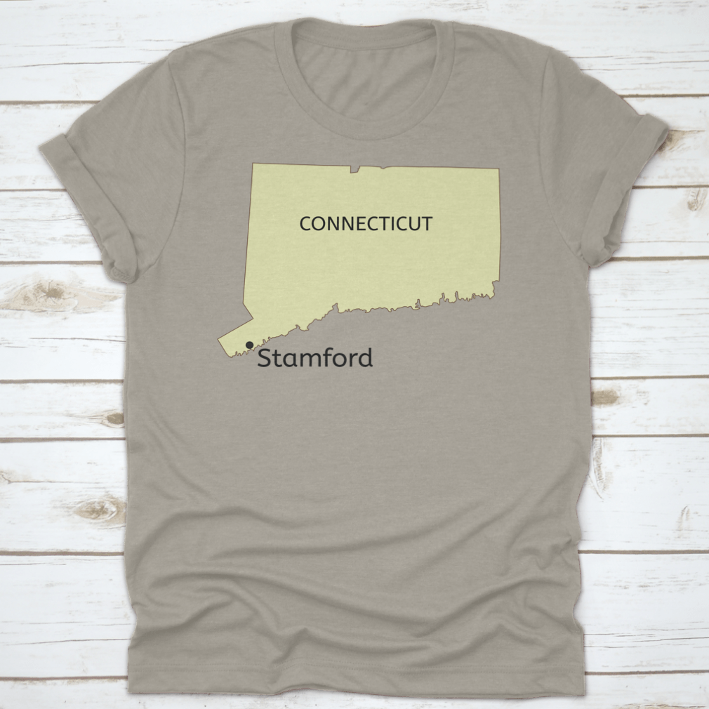 Trendy Stamford City Location T-Shirt featuring a Connecticut state map design, made from 100% cotton for comfort.