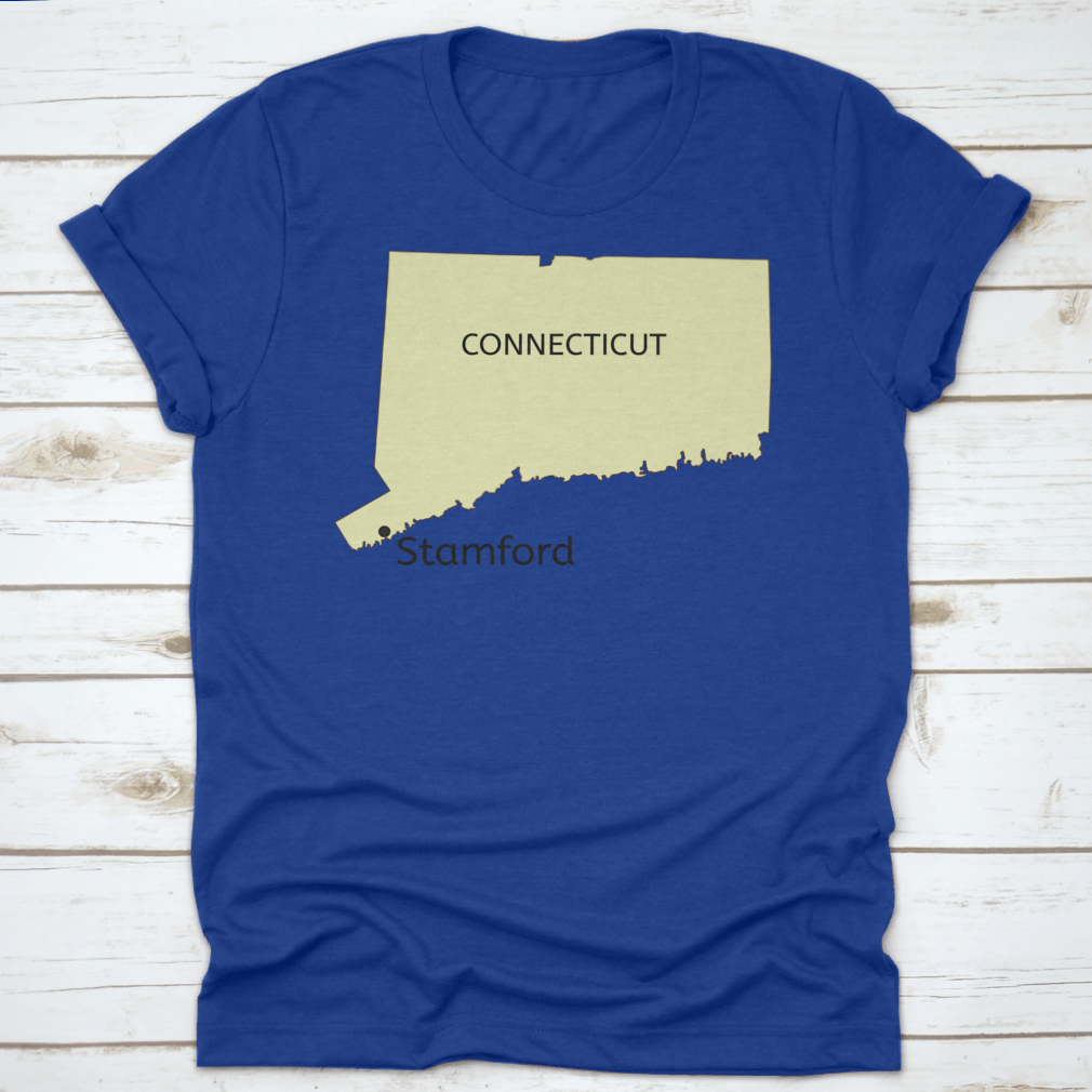 Trendy Stamford City Location T-Shirt featuring a Connecticut state map design, made from 100% cotton for comfort.