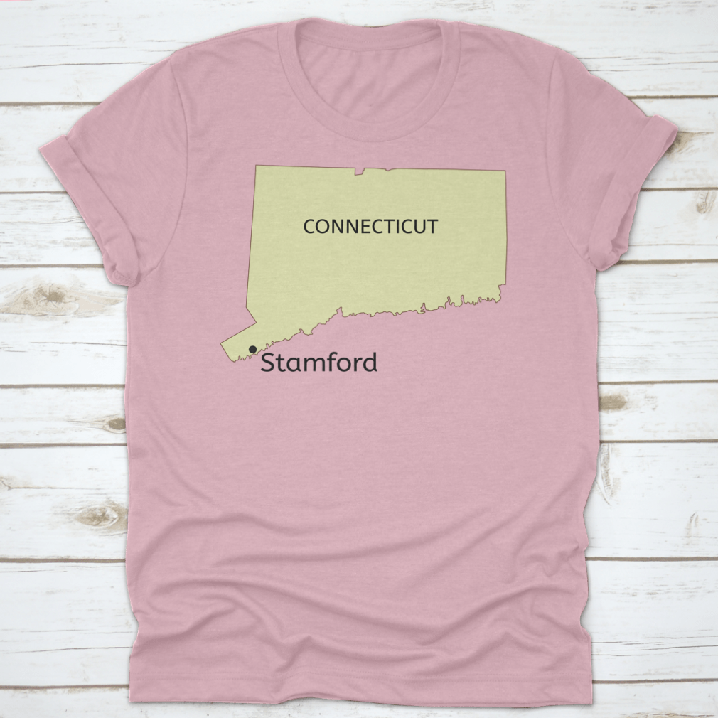 Trendy Stamford City Location T-Shirt featuring a Connecticut state map design, made from 100% cotton for comfort.