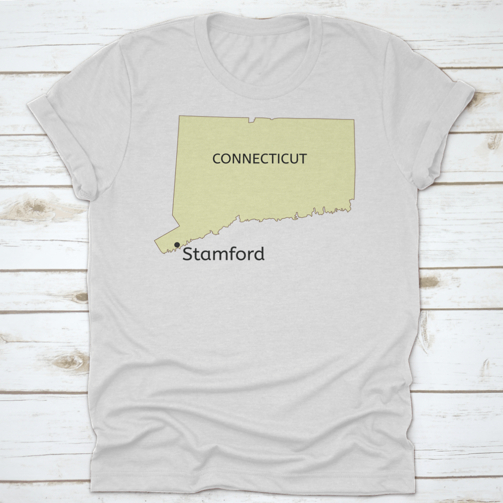 Trendy Stamford City Location T-Shirt featuring a Connecticut state map design, made from 100% cotton for comfort.