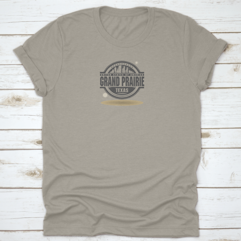 A stylish stamp or label featuring the text 'Grand Prairie, Texas', made from high-quality cotton fabric, showcasing its classic fit and durability.