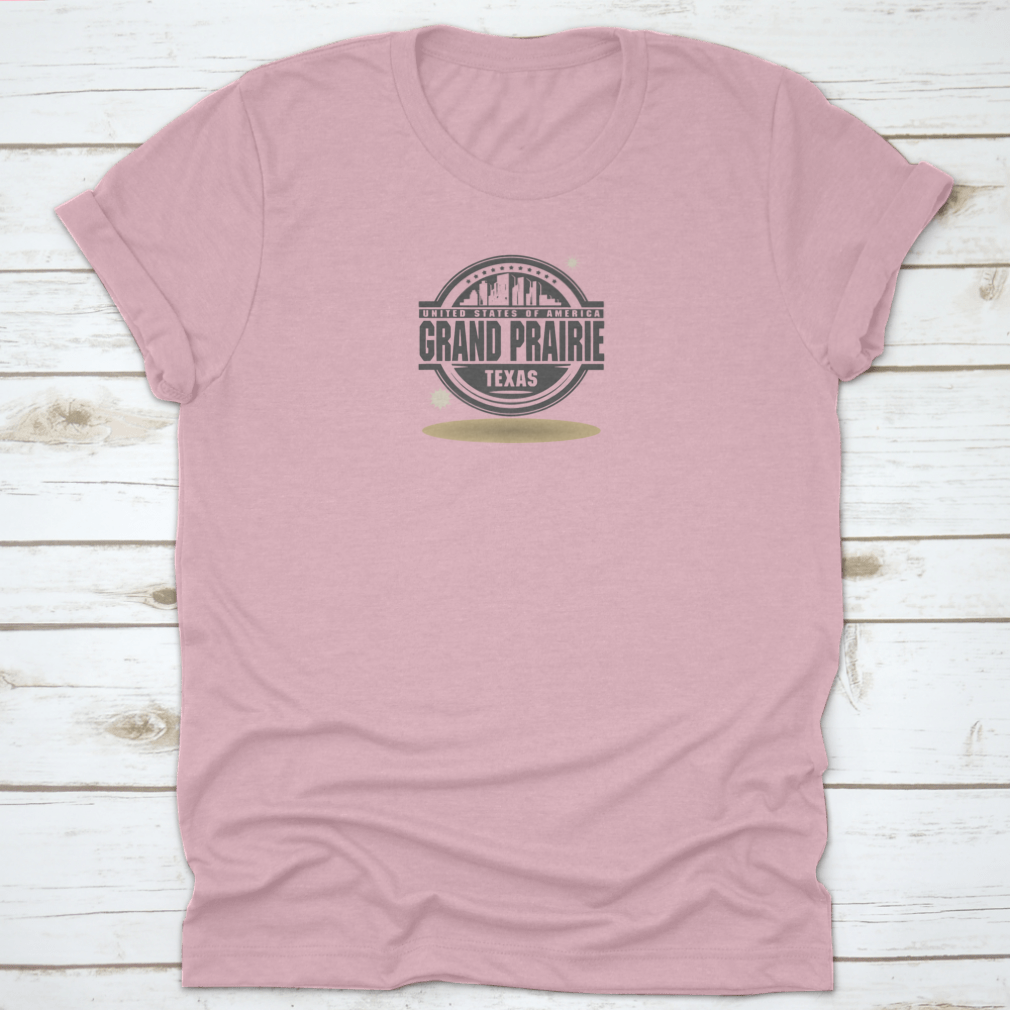 A stylish stamp or label featuring the text 'Grand Prairie, Texas', made from high-quality cotton fabric, showcasing its classic fit and durability.