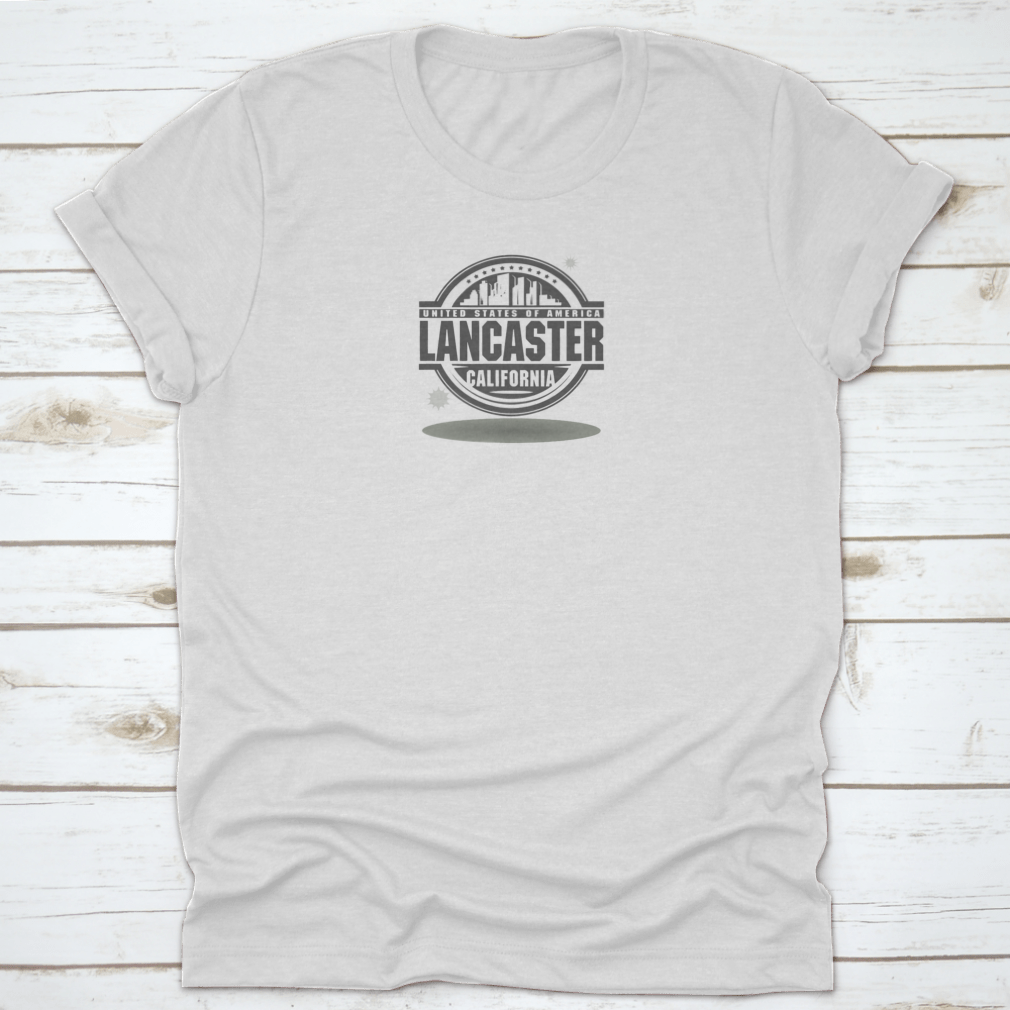 A stylish cotton stamp or label featuring 'Lancaster, California' text, showcasing a classic fit and midweight fabric.