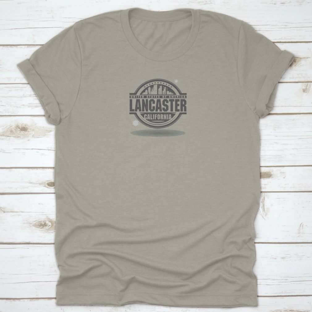 A stylish cotton stamp or label featuring 'Lancaster, California' text, showcasing a classic fit and midweight fabric.