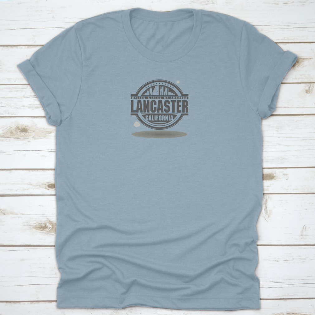 A stylish cotton stamp or label featuring 'Lancaster, California' text, showcasing a classic fit and midweight fabric.