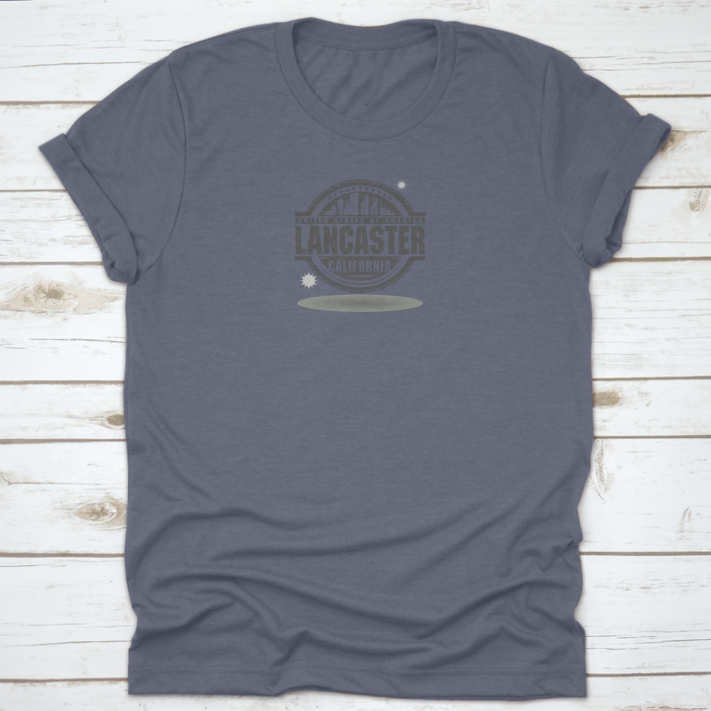 A stylish cotton stamp or label featuring 'Lancaster, California' text, showcasing a classic fit and midweight fabric.