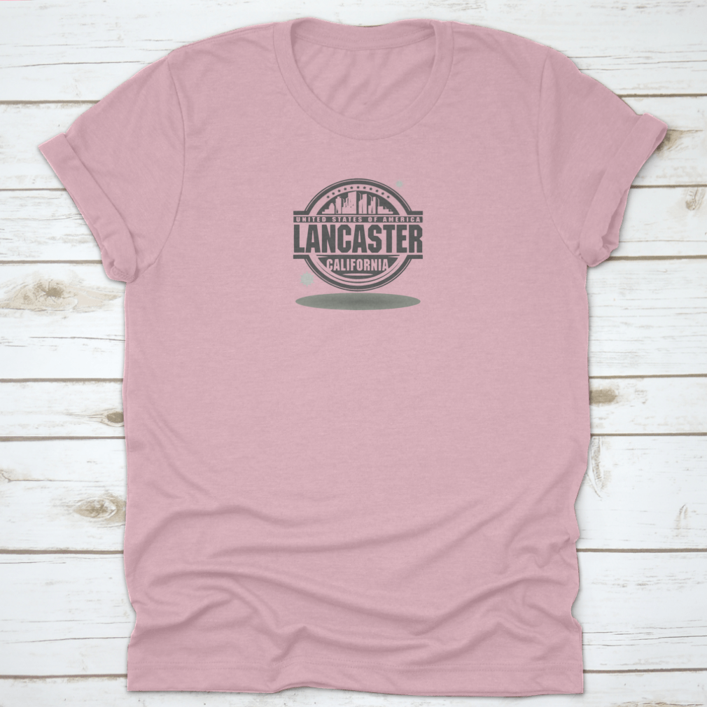 A stylish cotton stamp or label featuring 'Lancaster, California' text, showcasing a classic fit and midweight fabric.