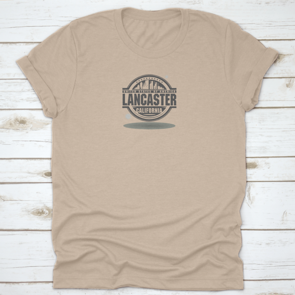 A stylish cotton stamp or label featuring 'Lancaster, California' text, showcasing a classic fit and midweight fabric.