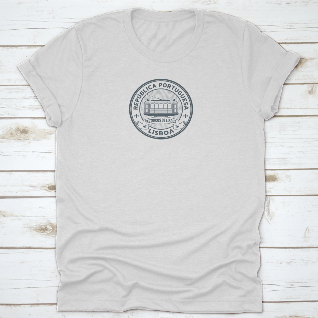 A stylish t-shirt featuring a tram design inspired by Lisbon, Portugal, made from 100% cotton with a classic fit.