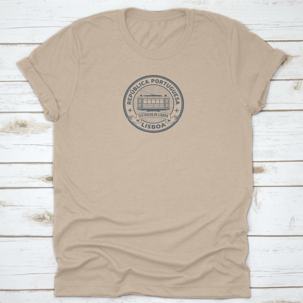 A stylish t-shirt featuring a tram design inspired by Lisbon, Portugal, made from 100% cotton with a classic fit.