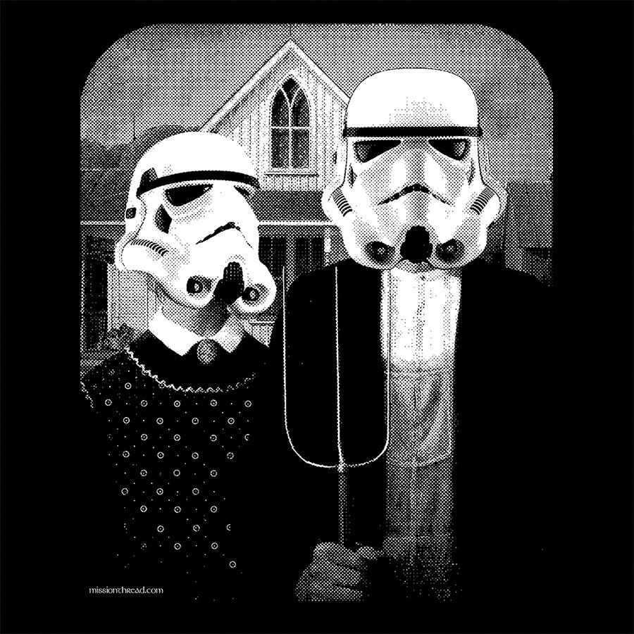 Star Wars American Gothic shirt featuring iconic characters in a classic art style, printed on soft fabric.