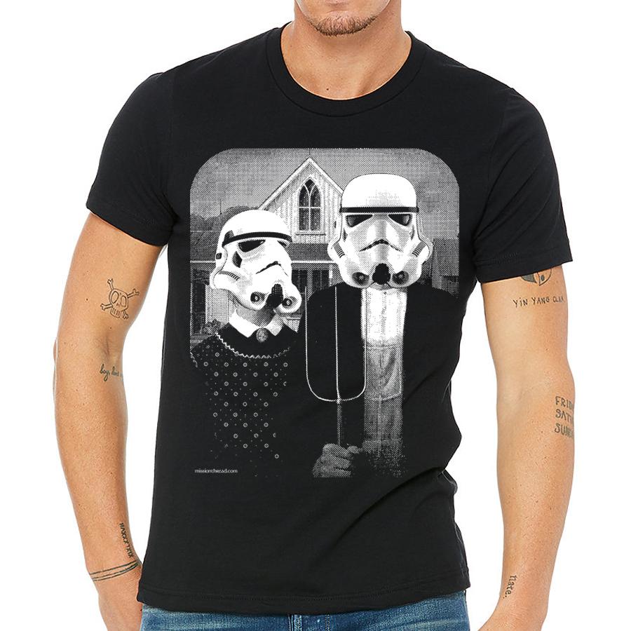 Star Wars American Gothic shirt featuring iconic characters in a classic art style, printed on soft fabric.