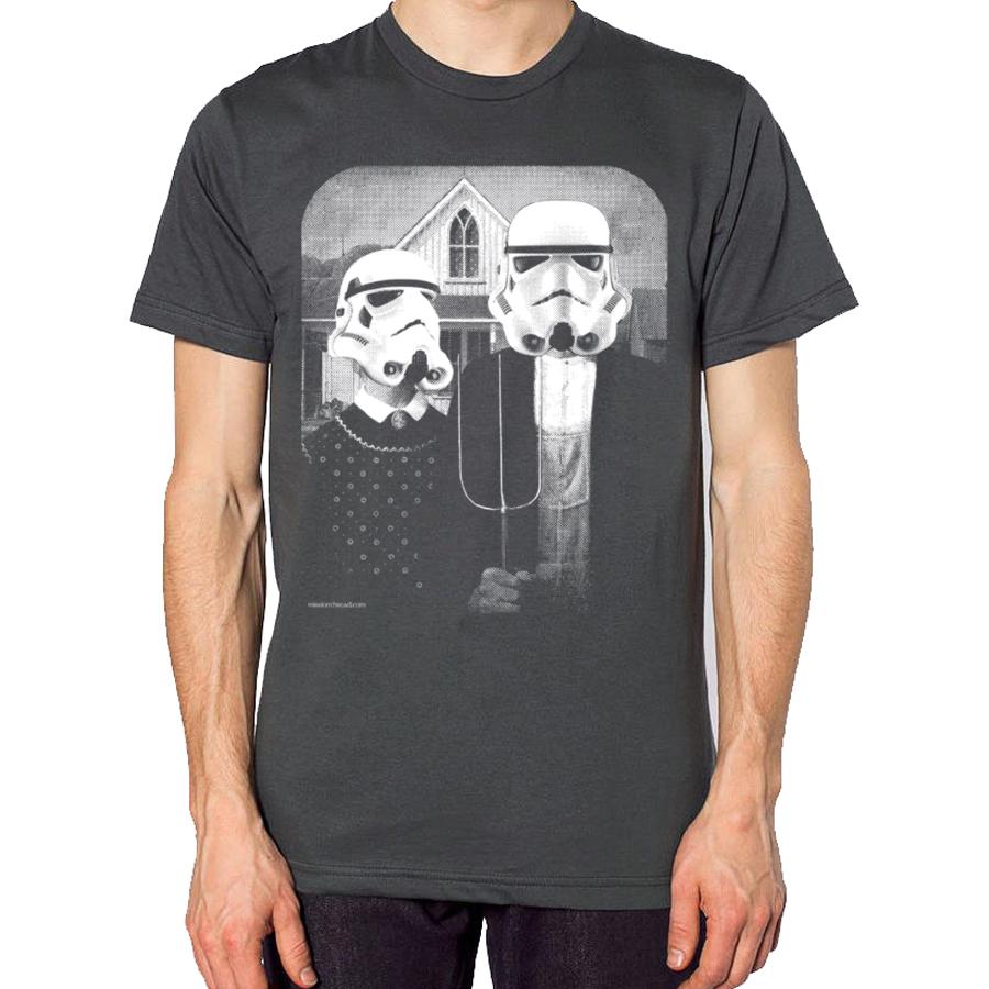 Star Wars American Gothic shirt featuring iconic characters in a classic art style, printed on soft fabric.