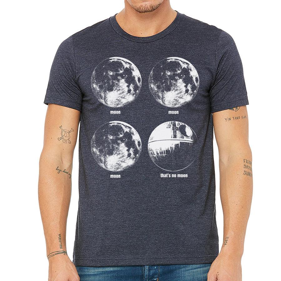 Star Wars That's no Moon t-shirt featuring the Death Star design on a heather navy blue background.