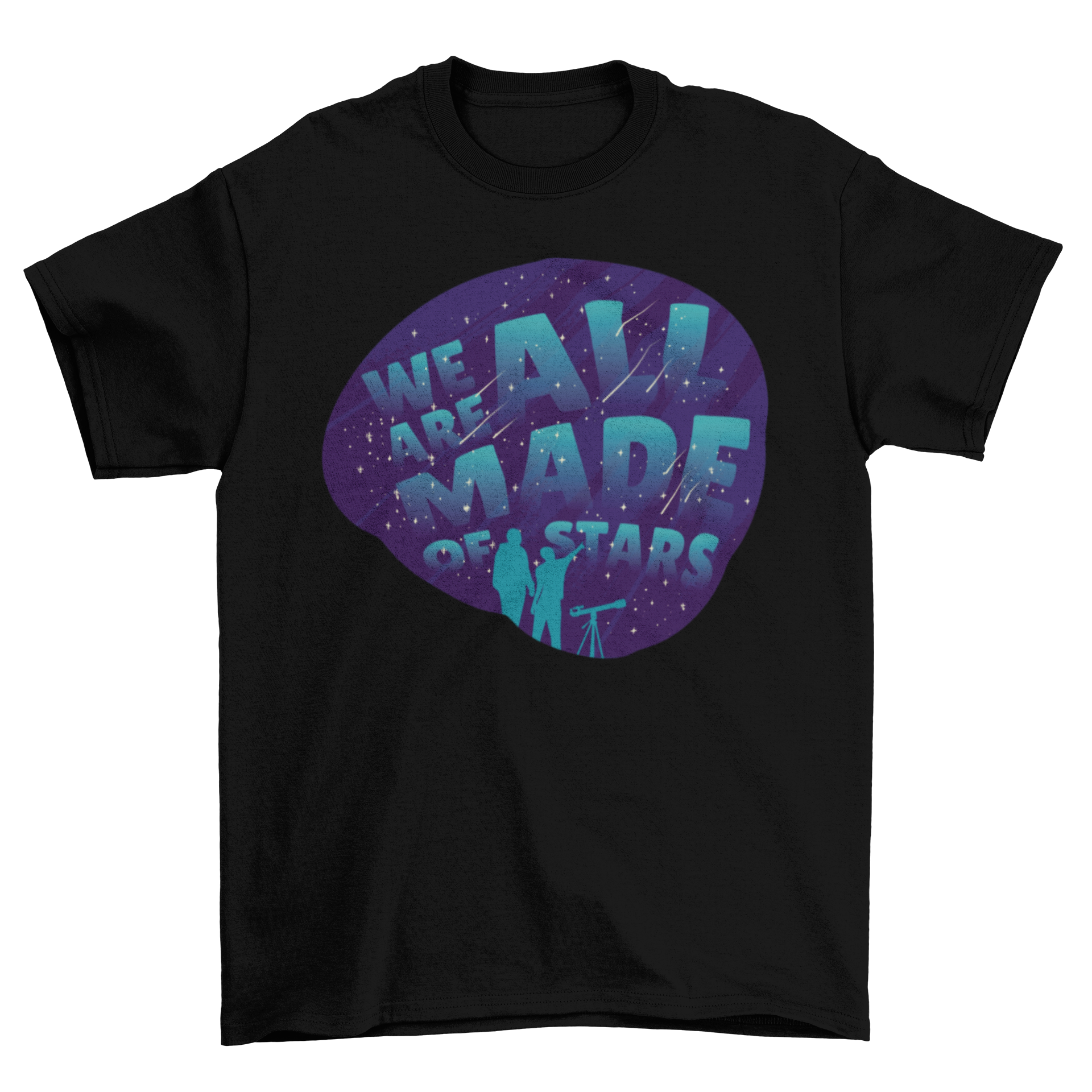 Stargazing Lettering T-shirt featuring two people looking at stars with the quote 'WE ARE ALL MADE OF STARS'.