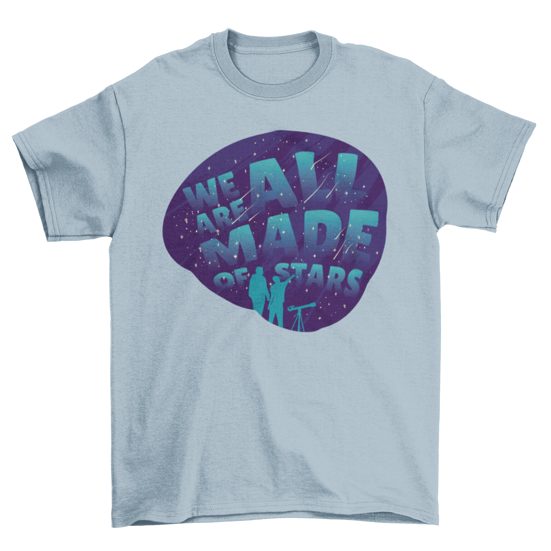 Stargazing Lettering T-shirt featuring two people looking at stars with the quote 'WE ARE ALL MADE OF STARS'.