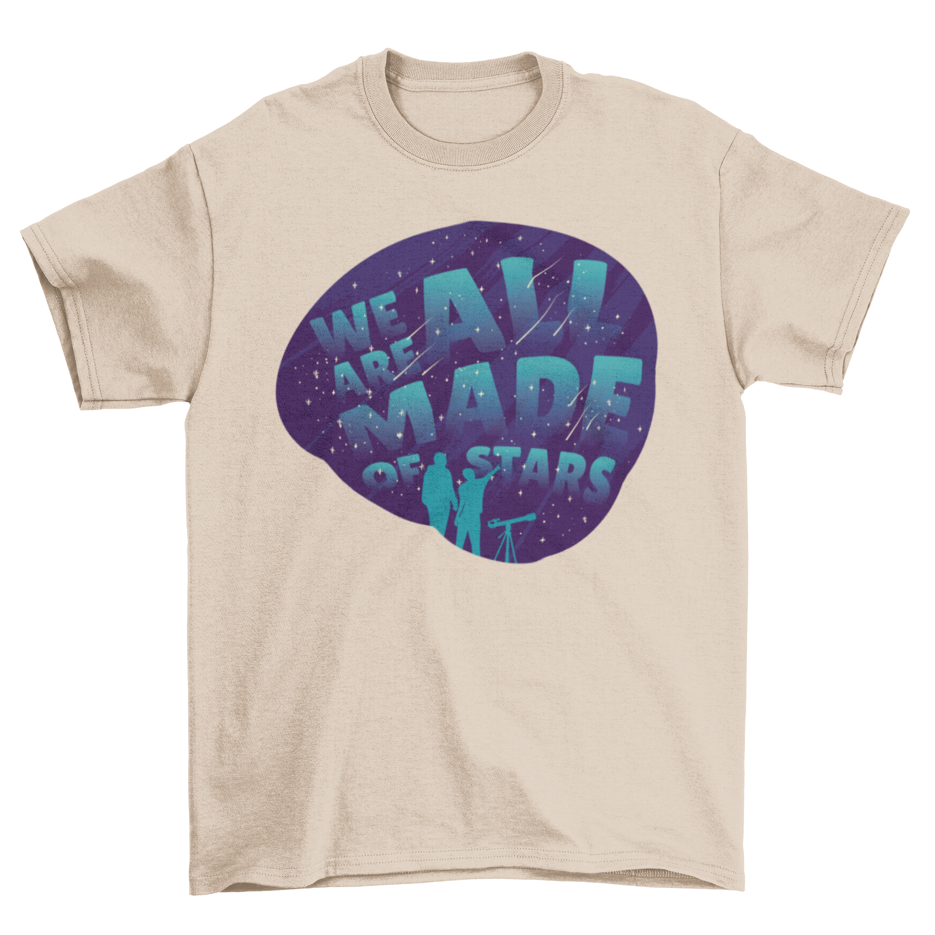 Stargazing Lettering T-shirt featuring two people looking at stars with the quote 'WE ARE ALL MADE OF STARS'.