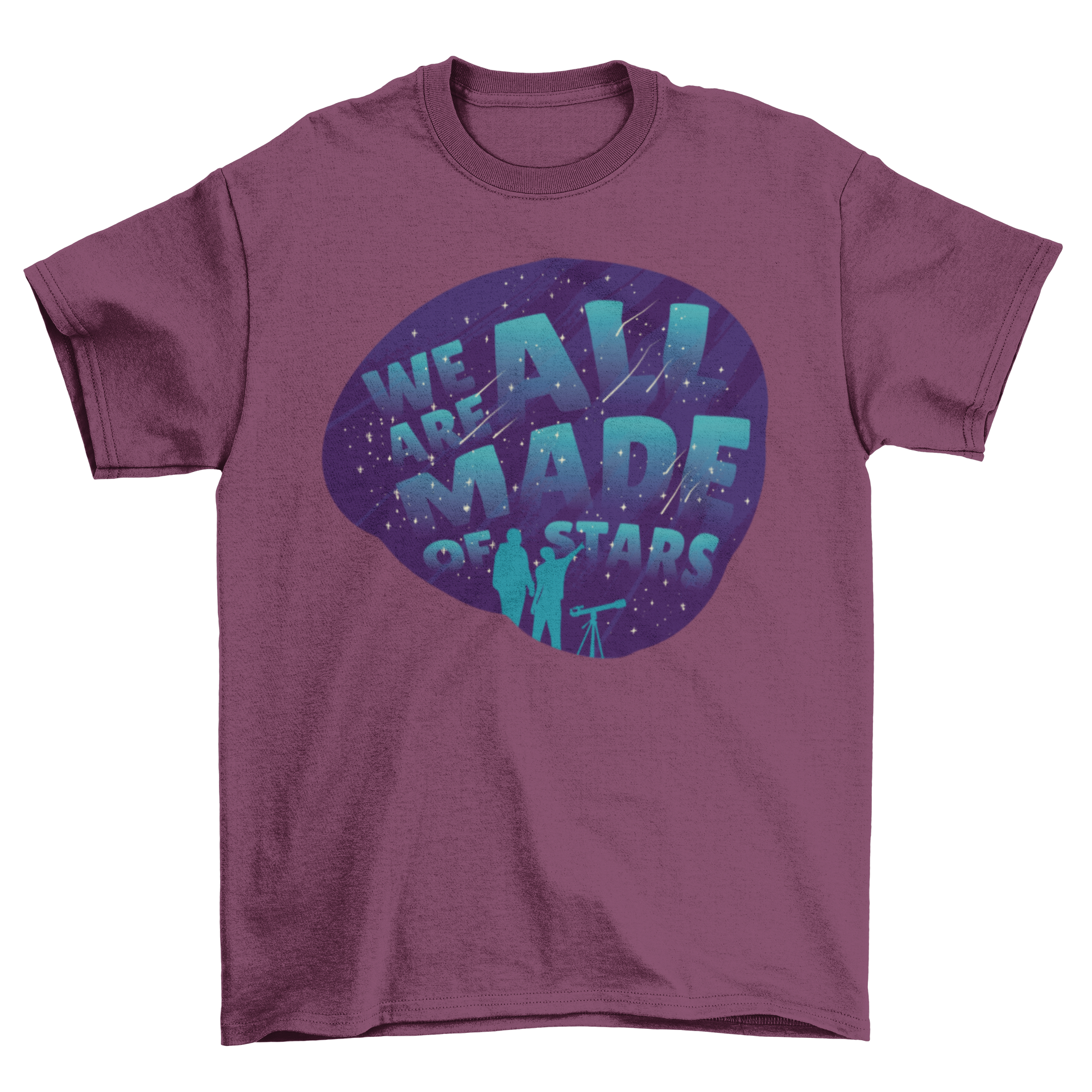 Stargazing Lettering T-shirt featuring two people looking at stars with the quote 'WE ARE ALL MADE OF STARS'.