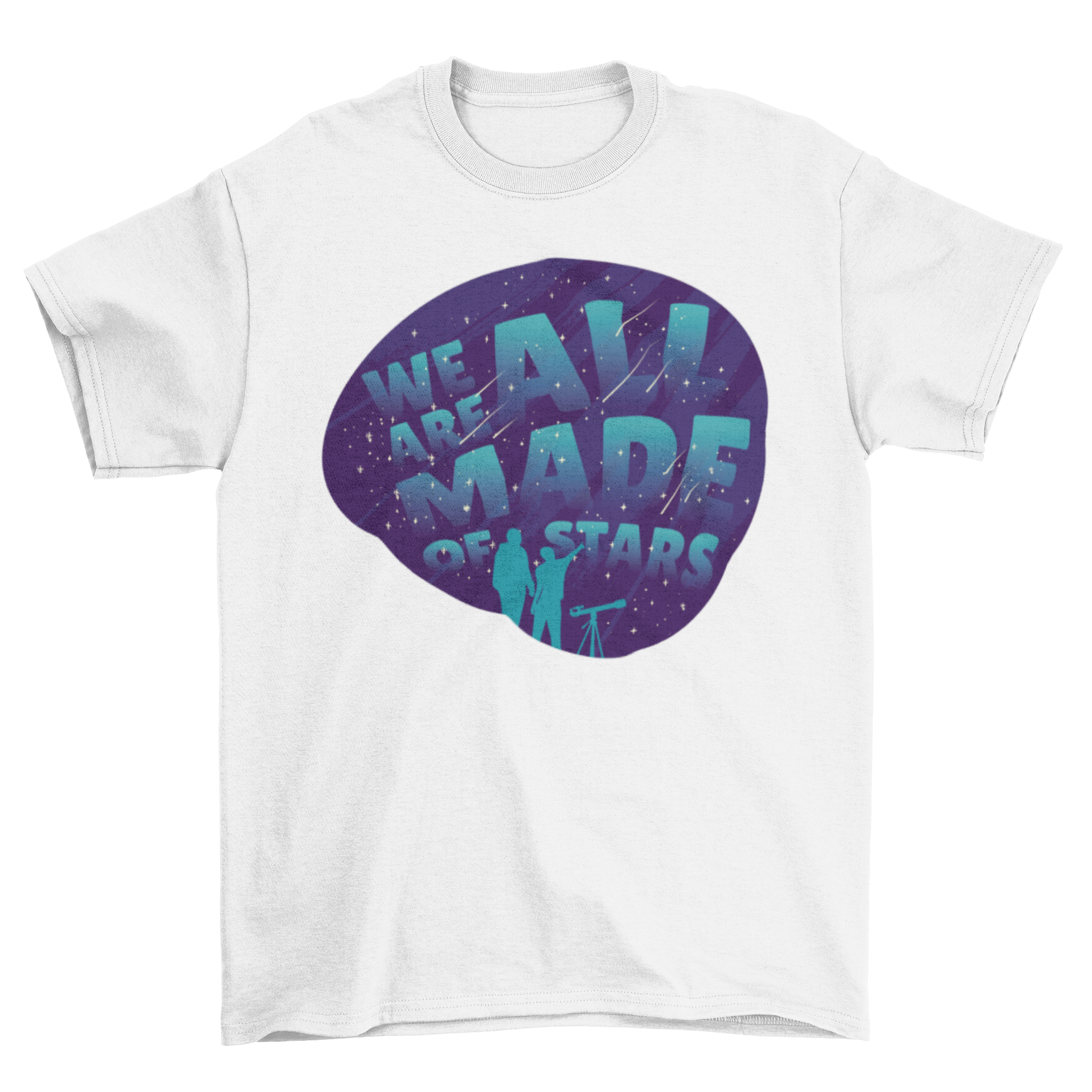 Stargazing Lettering T-shirt featuring two people looking at stars with the quote 'WE ARE ALL MADE OF STARS'.