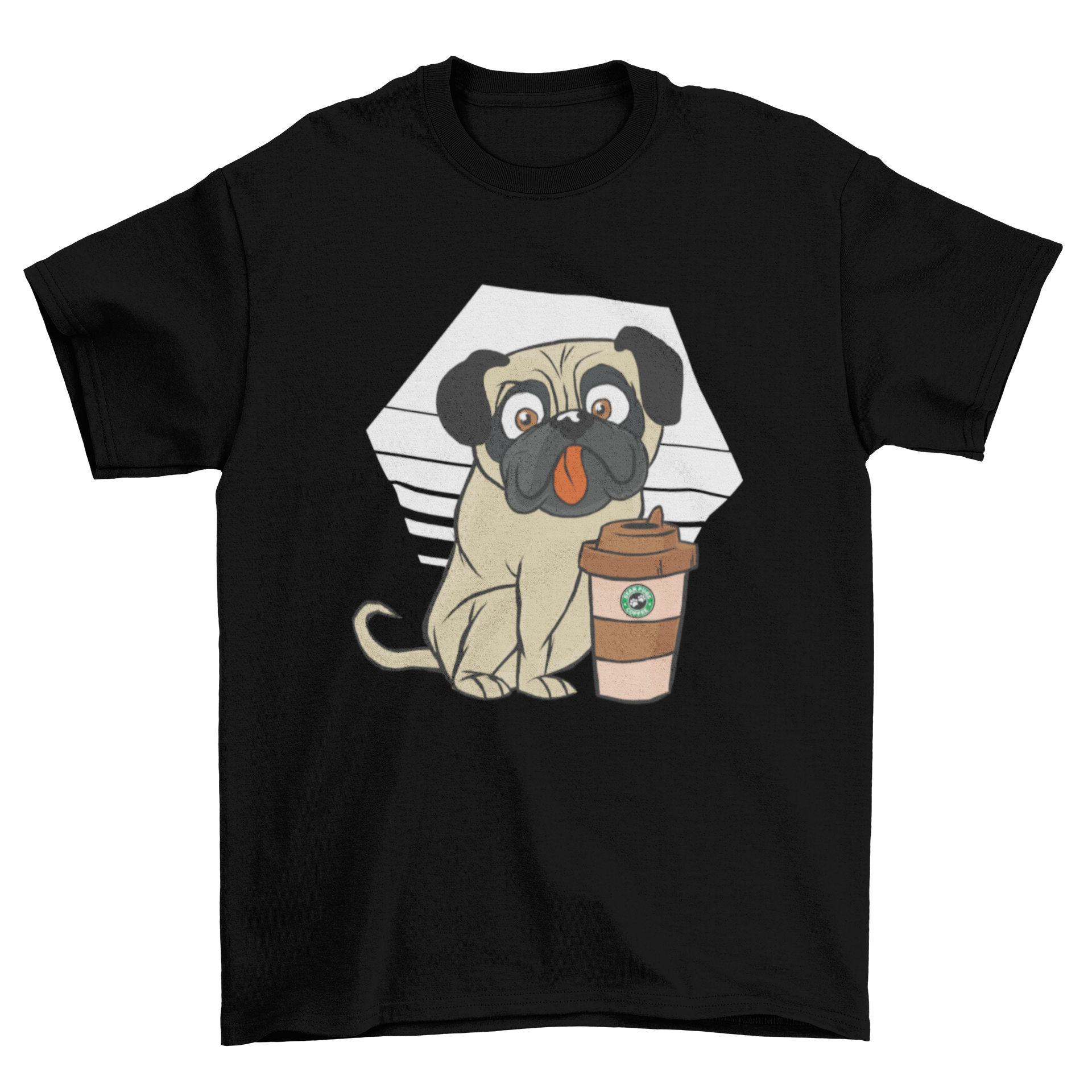 A stylish Starpug T-Shirt featuring a cute pug dog illustration drinking cappuccino.