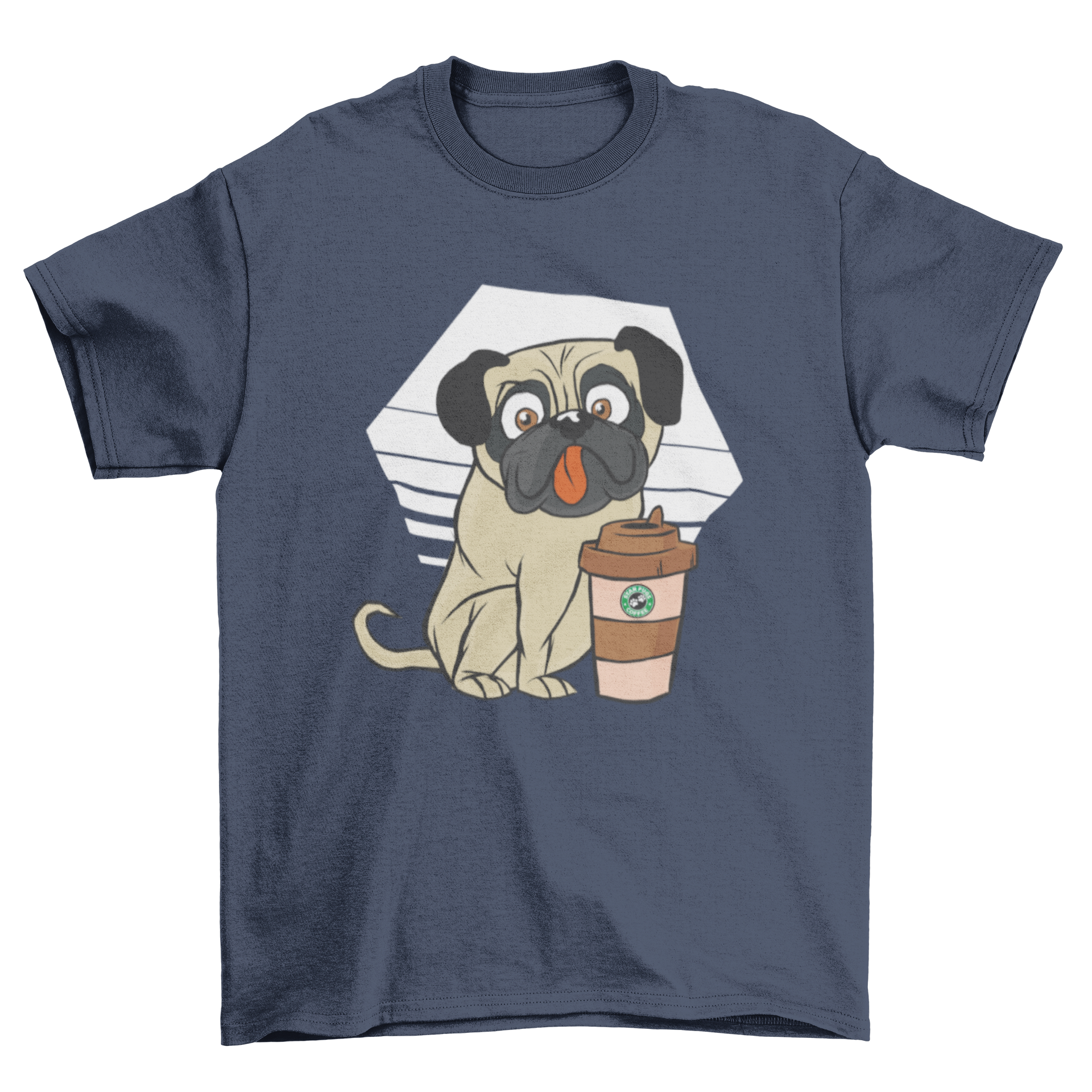 A stylish Starpug T-Shirt featuring a cute pug dog illustration drinking cappuccino.