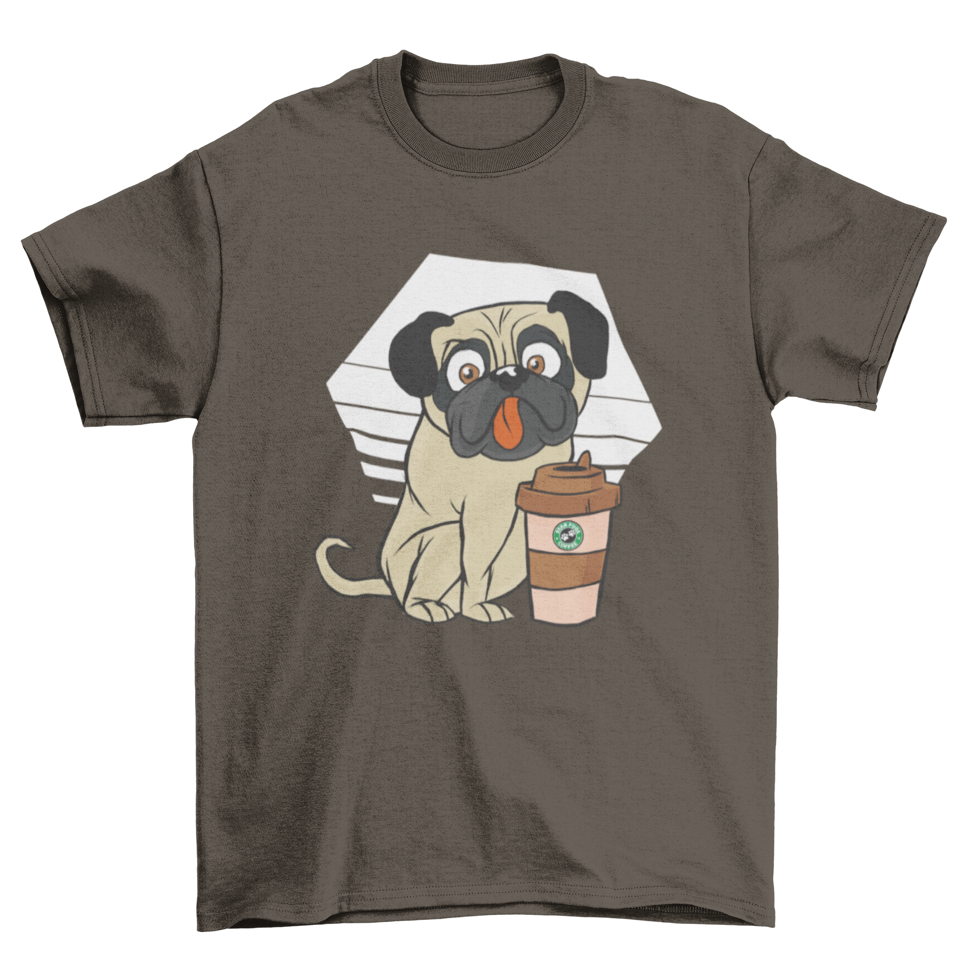 A stylish Starpug T-Shirt featuring a cute pug dog illustration drinking cappuccino.