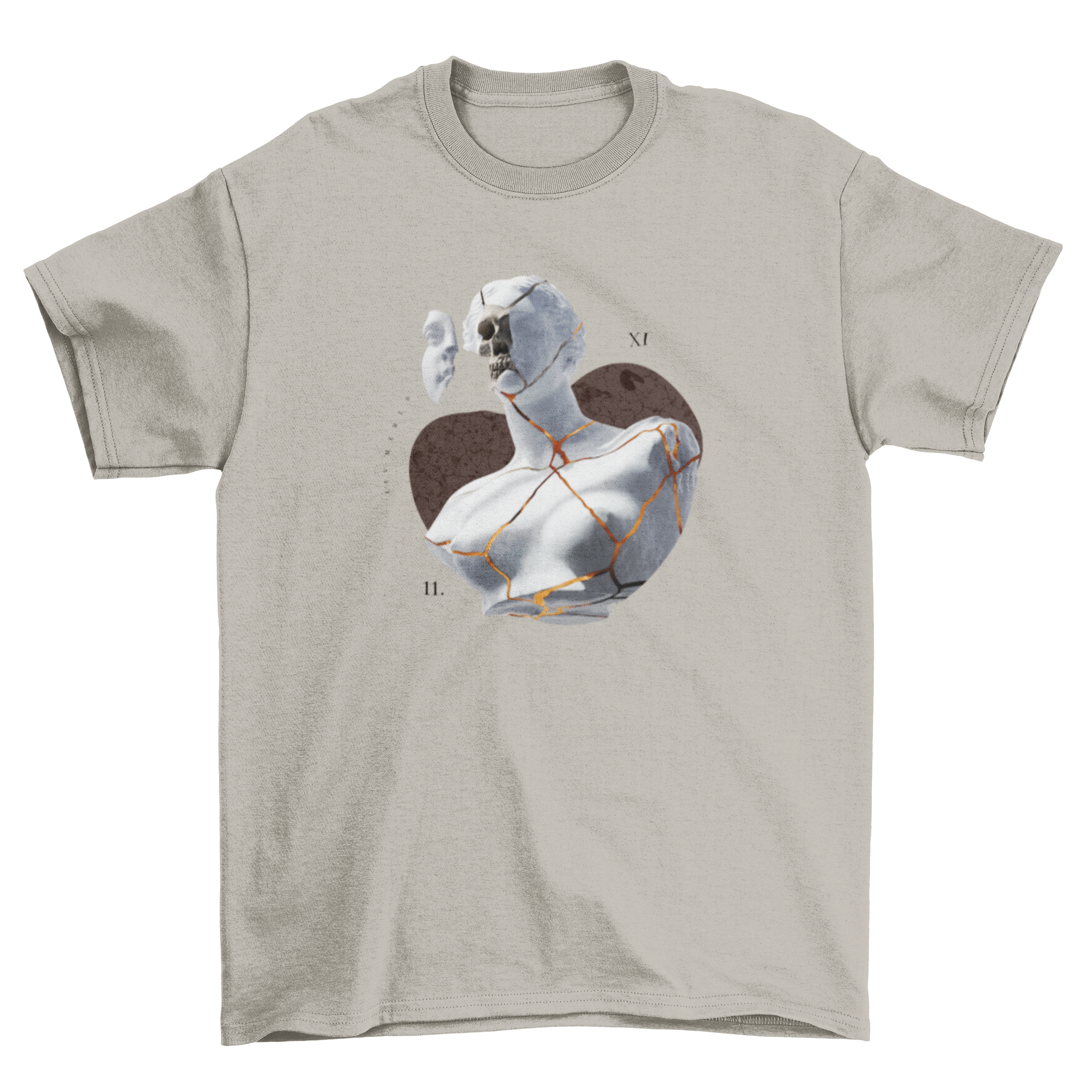 A stylish t-shirt featuring a collage design of a statue, lava, and a skull, showcasing vibrant colors and artistic elements.