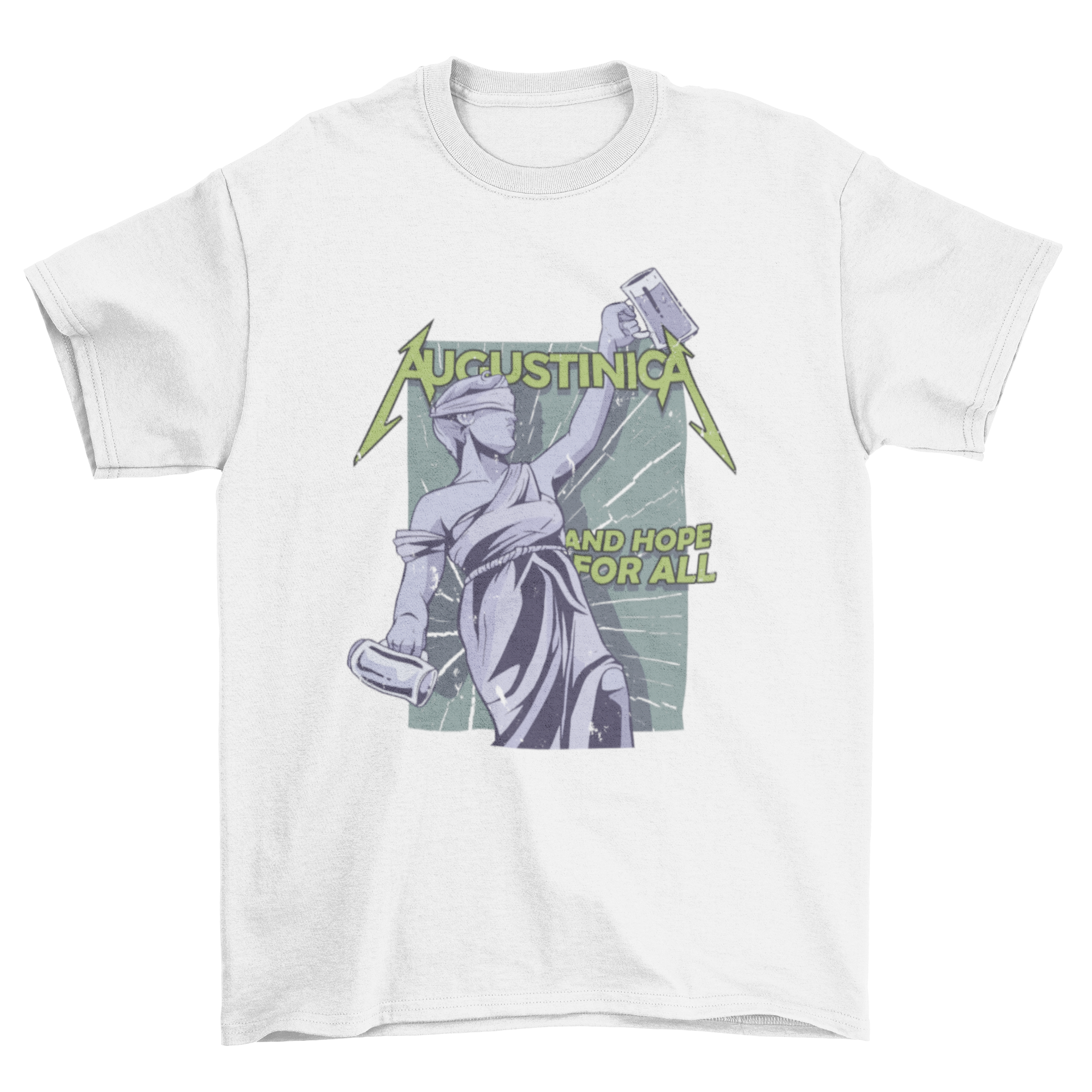 A stylish T-shirt featuring a statue of Justice holding two beer glasses with the words AUGUSTINICA - AND HOPE FOR ALL.