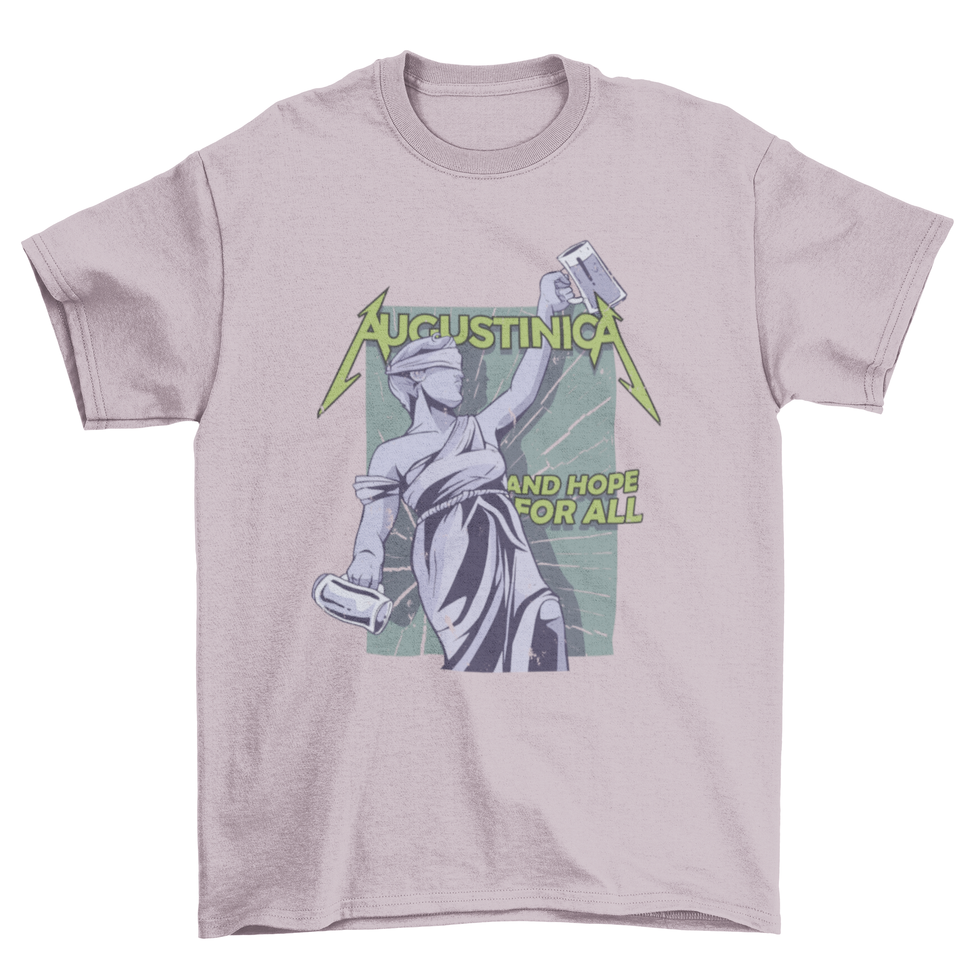 A stylish T-shirt featuring a statue of Justice holding two beer glasses with the words AUGUSTINICA - AND HOPE FOR ALL.