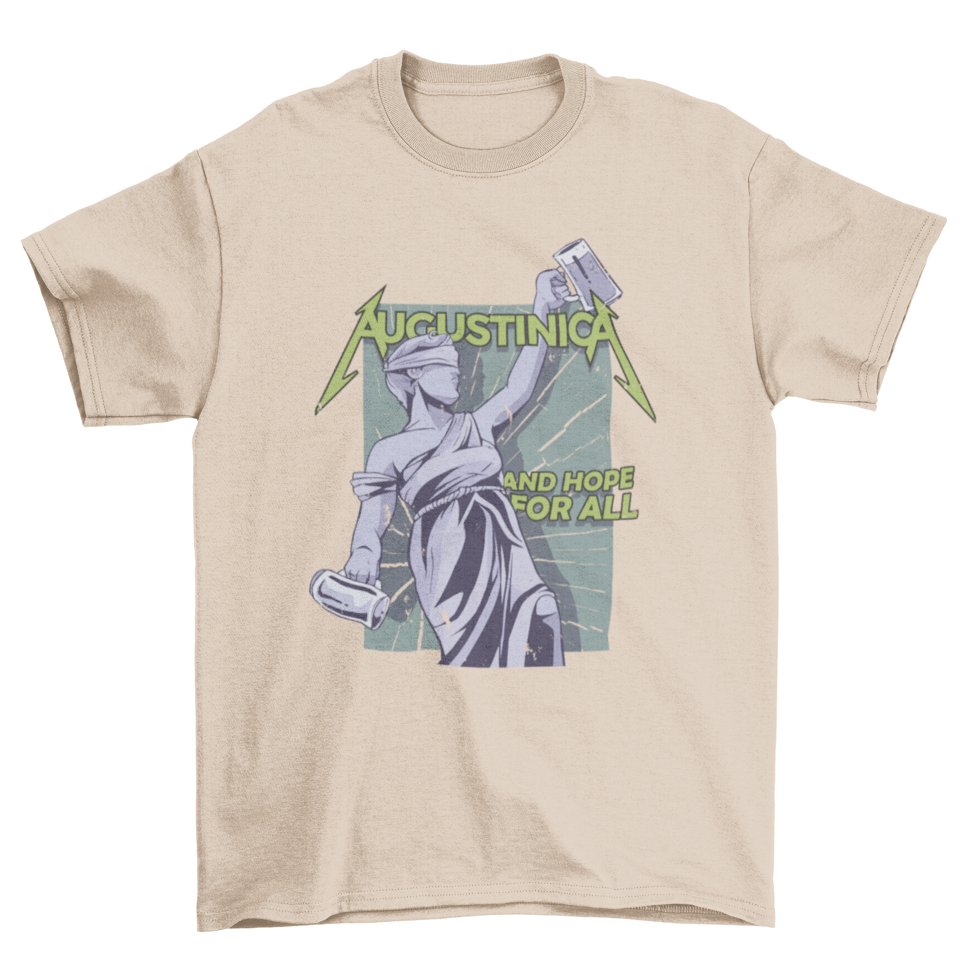 A stylish T-shirt featuring a statue of Justice holding two beer glasses with the words AUGUSTINICA - AND HOPE FOR ALL.