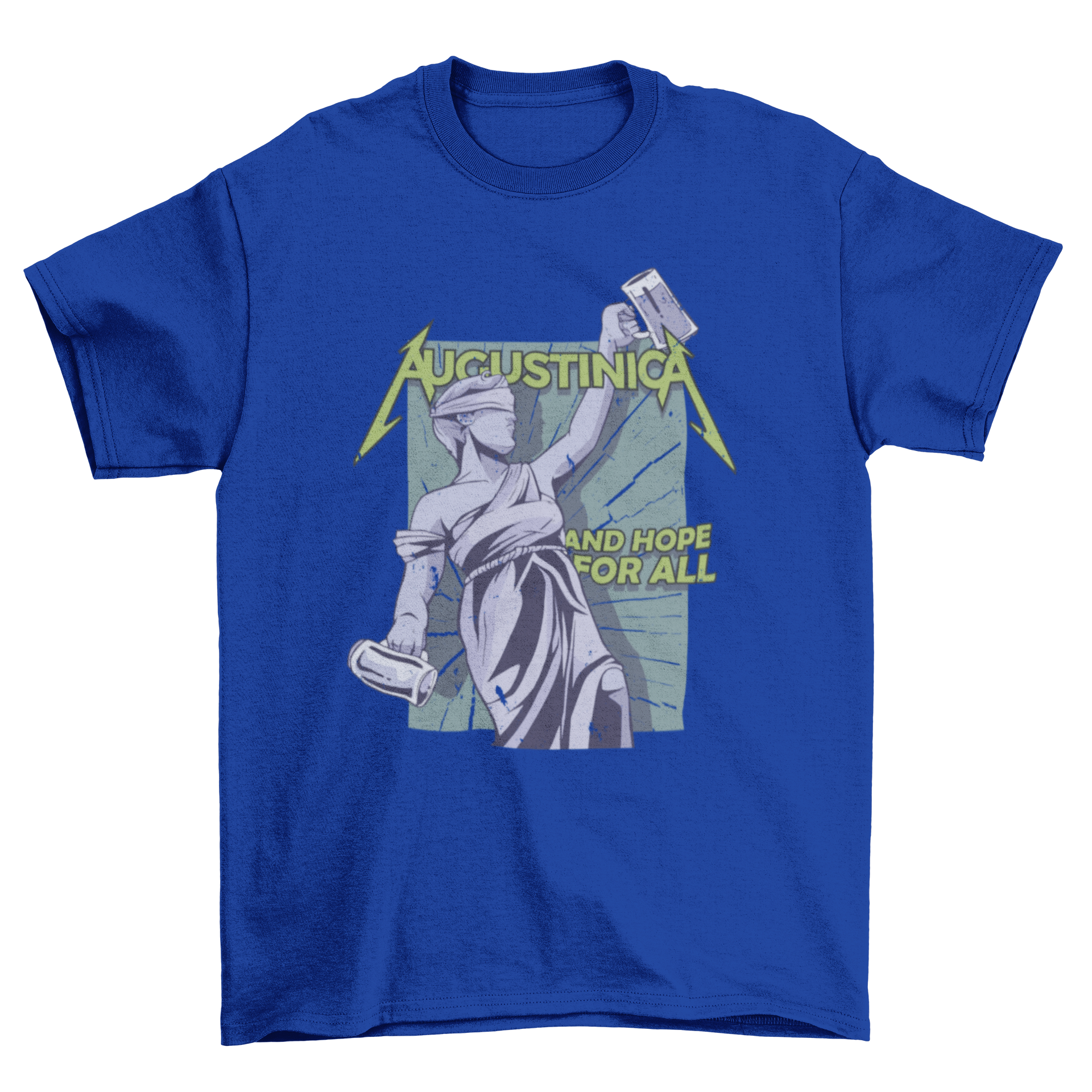 A stylish T-shirt featuring a statue of Justice holding two beer glasses with the words AUGUSTINICA - AND HOPE FOR ALL.