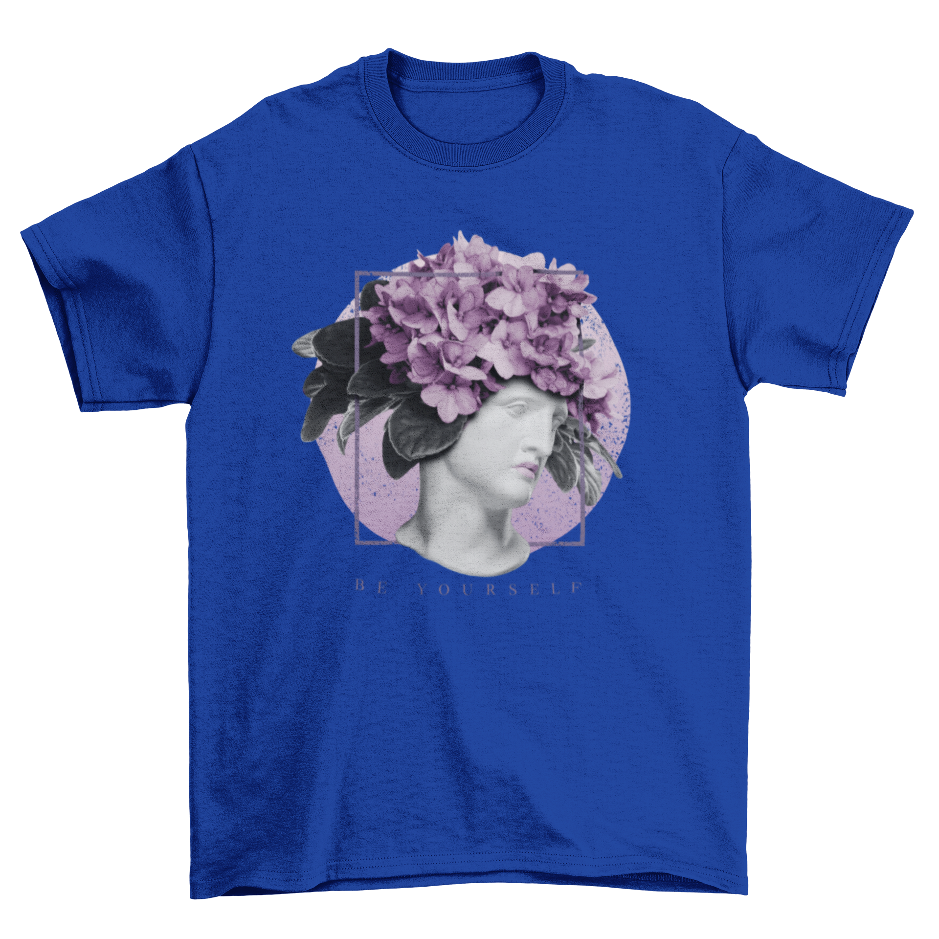 A stylish t-shirt featuring a statue with colorful flowers on its head, showcasing a unique artistic design.