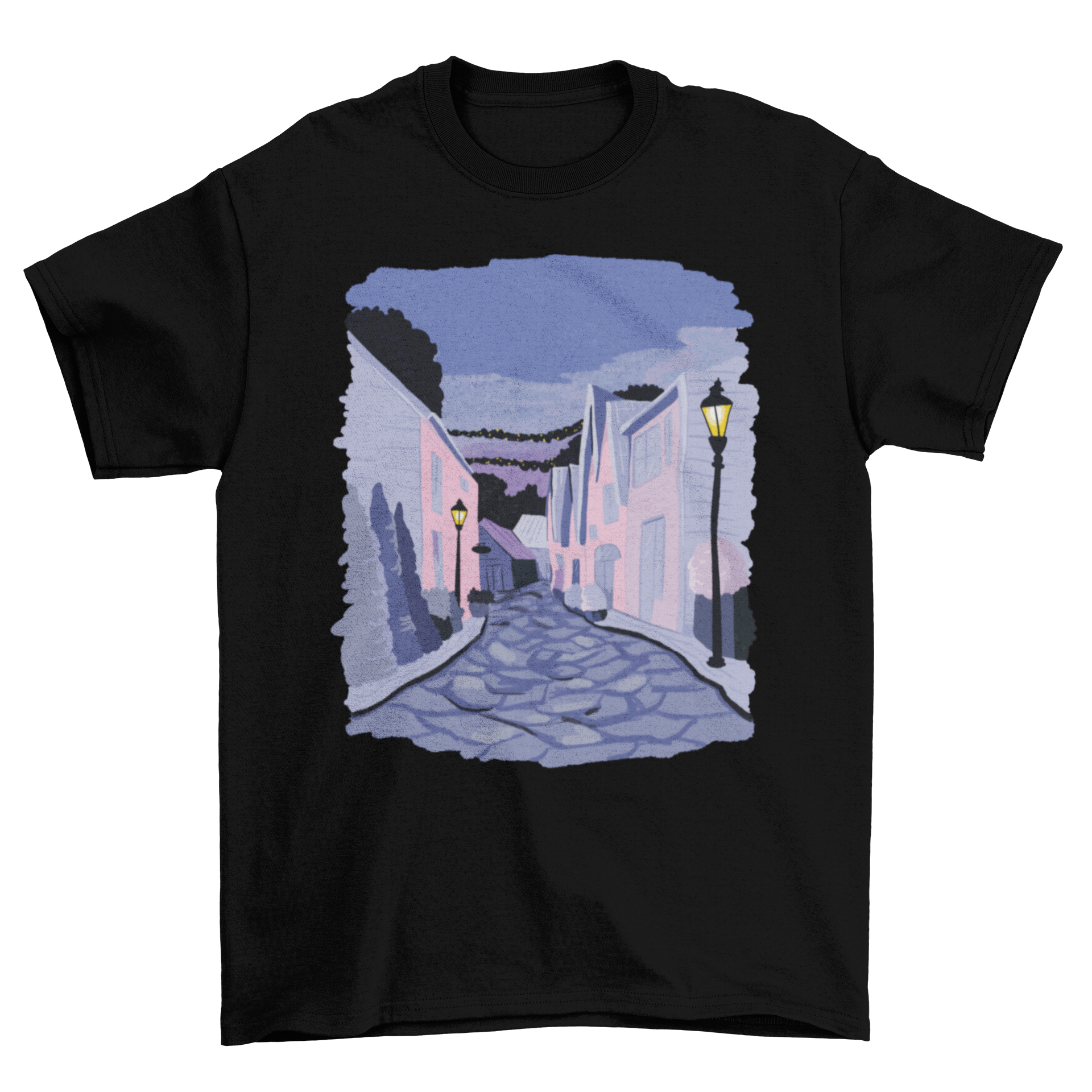 A stylish t-shirt featuring a detailed illustration of a street in Stavanger, Norway, showcasing its unique architecture and vibrant colors.