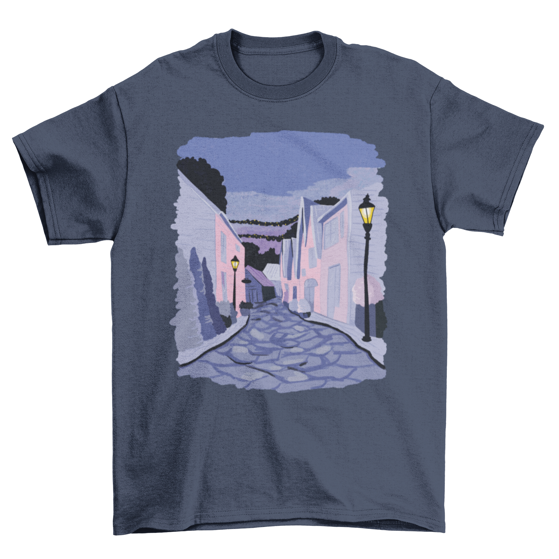 A stylish t-shirt featuring a detailed illustration of a street in Stavanger, Norway, showcasing its unique architecture and vibrant colors.