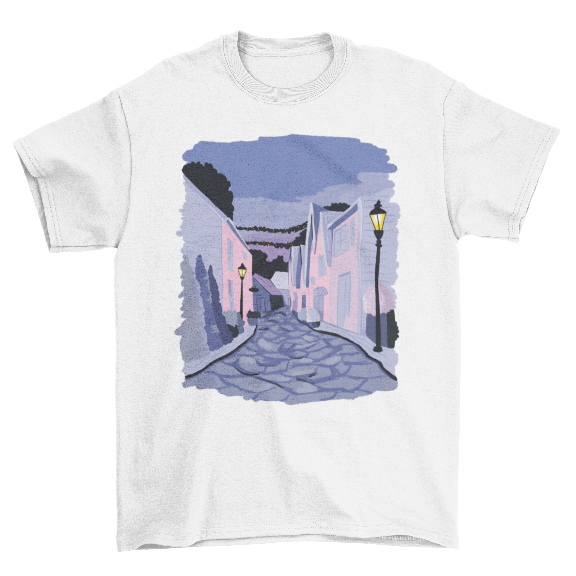 A stylish t-shirt featuring a detailed illustration of a street in Stavanger, Norway, showcasing its unique architecture and vibrant colors.