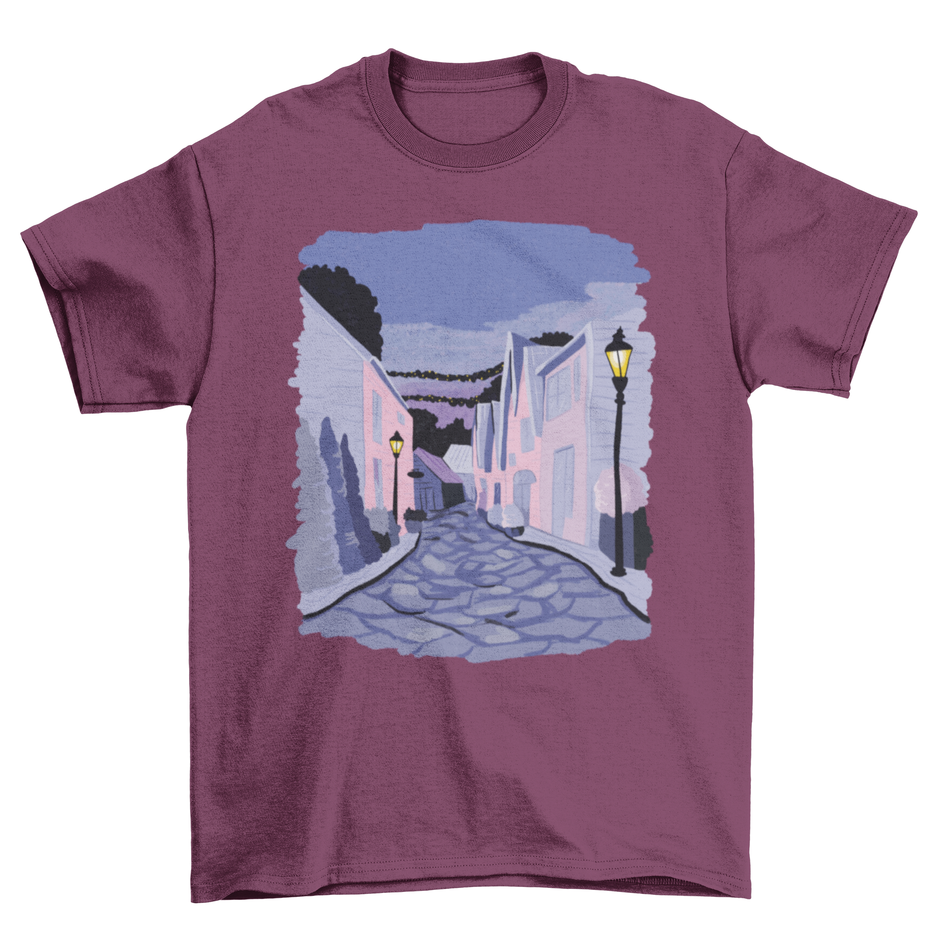 A stylish t-shirt featuring a detailed illustration of a street in Stavanger, Norway, showcasing its unique architecture and vibrant colors.