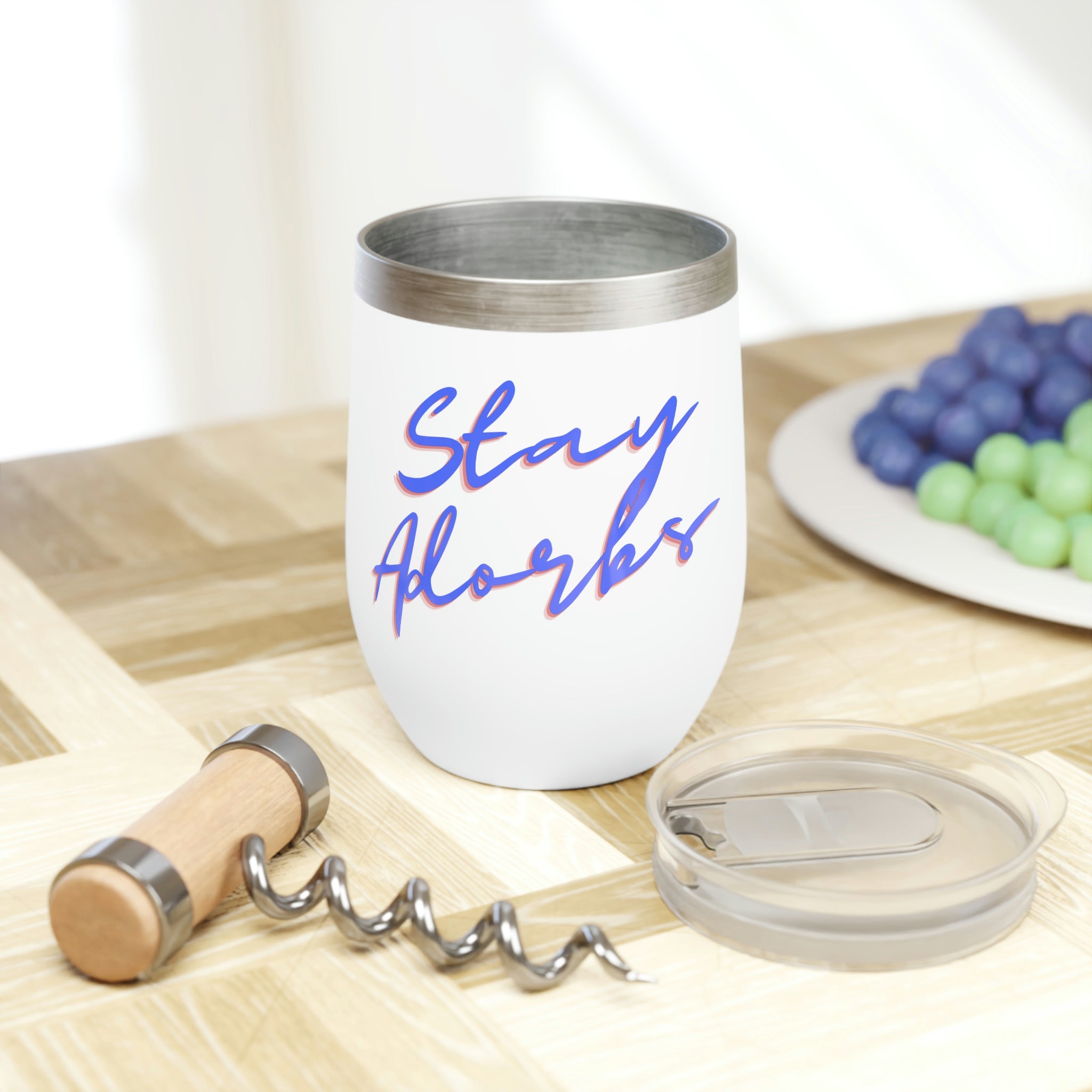 Stay Adorbs Chill Wine Tumbler in stainless steel with a customizable design, perfect for keeping beverages hot or cold.