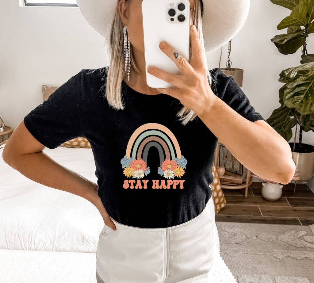 Stay Happy T-Shirt made of premium ring spun cotton with vibrant print, available in various sizes.