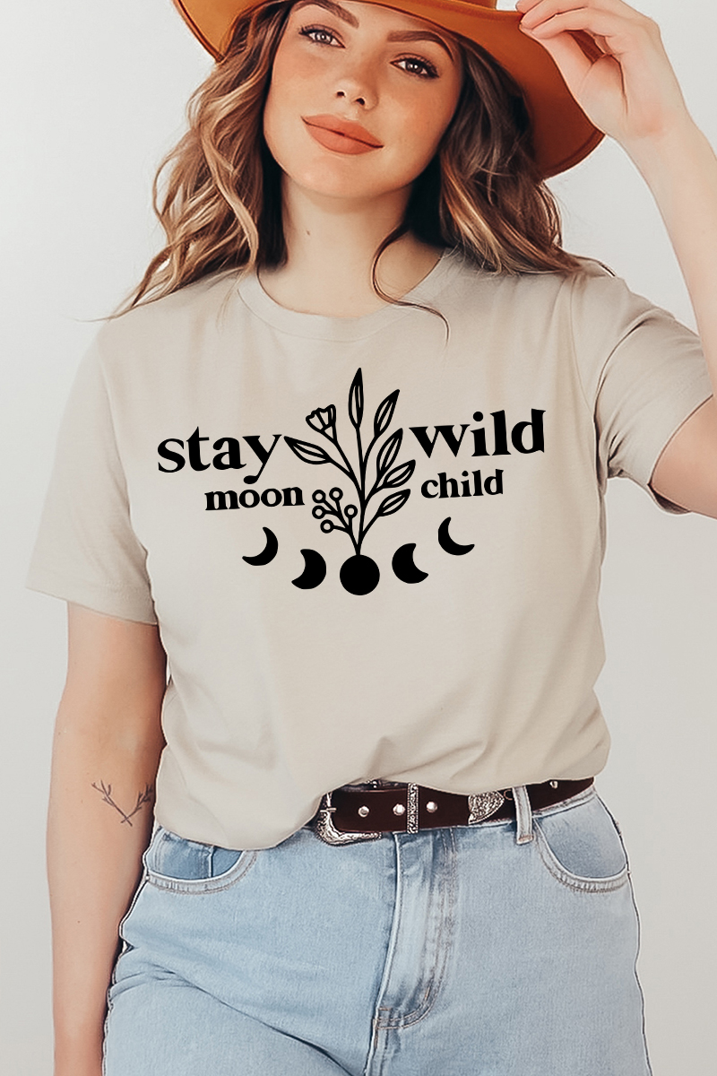 Stay Wild Moon Child T-shirt made of soft ring spun cotton with a vibrant print design.