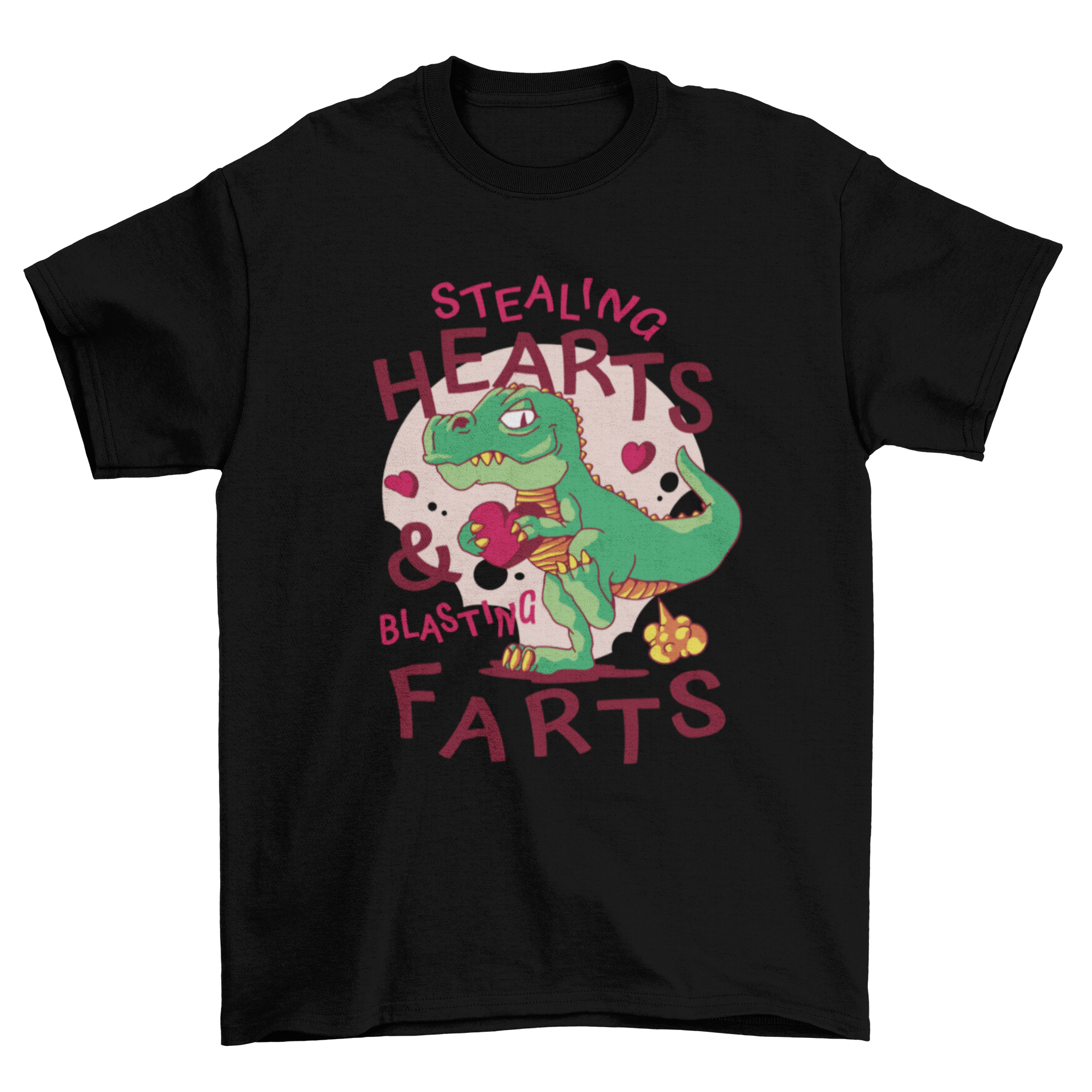 Funny Valentine's Day t-shirt featuring a T-Rex farting with the quote 'Stealing hearts & blasting farts'.