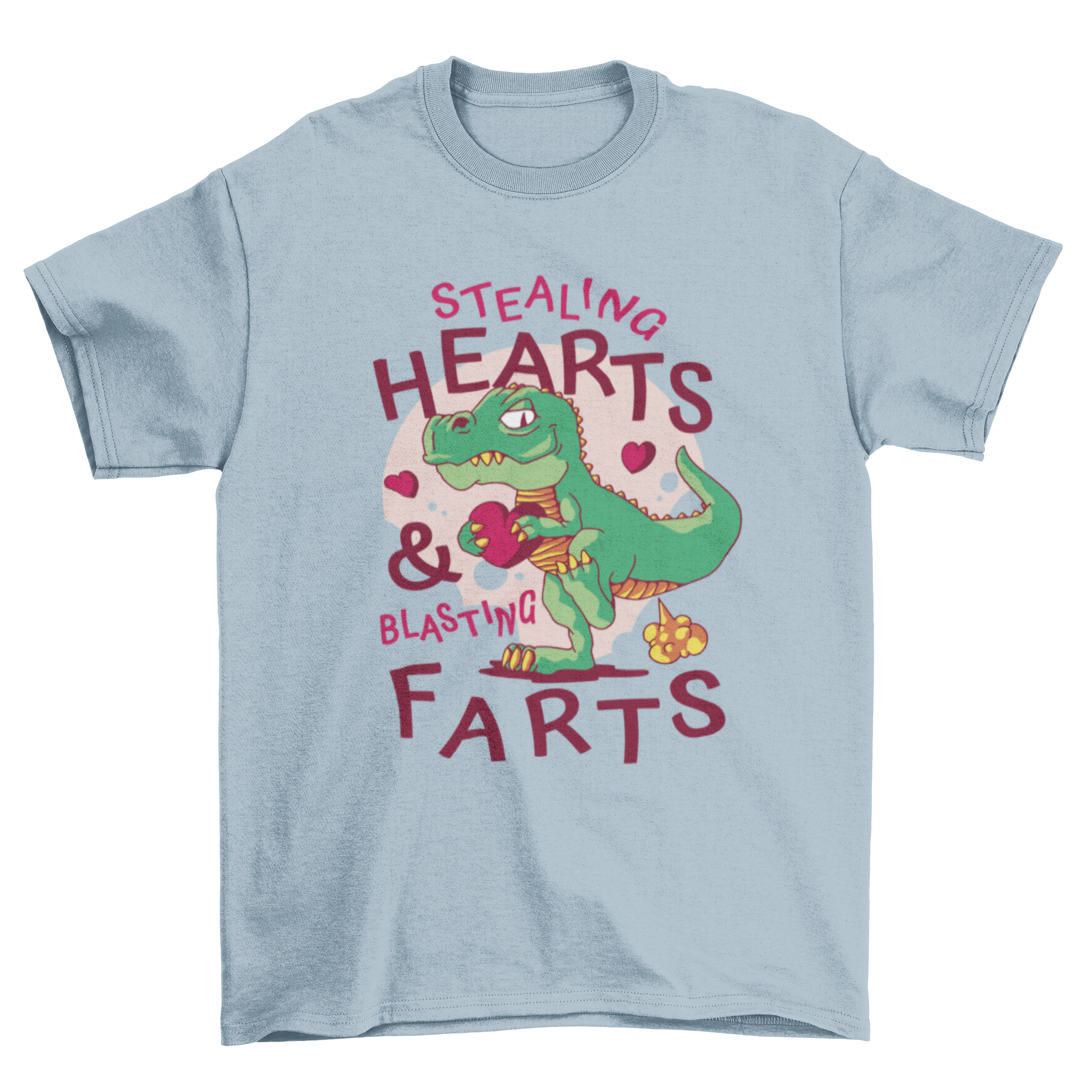 Funny Valentine's Day t-shirt featuring a T-Rex farting with the quote 'Stealing hearts & blasting farts'.