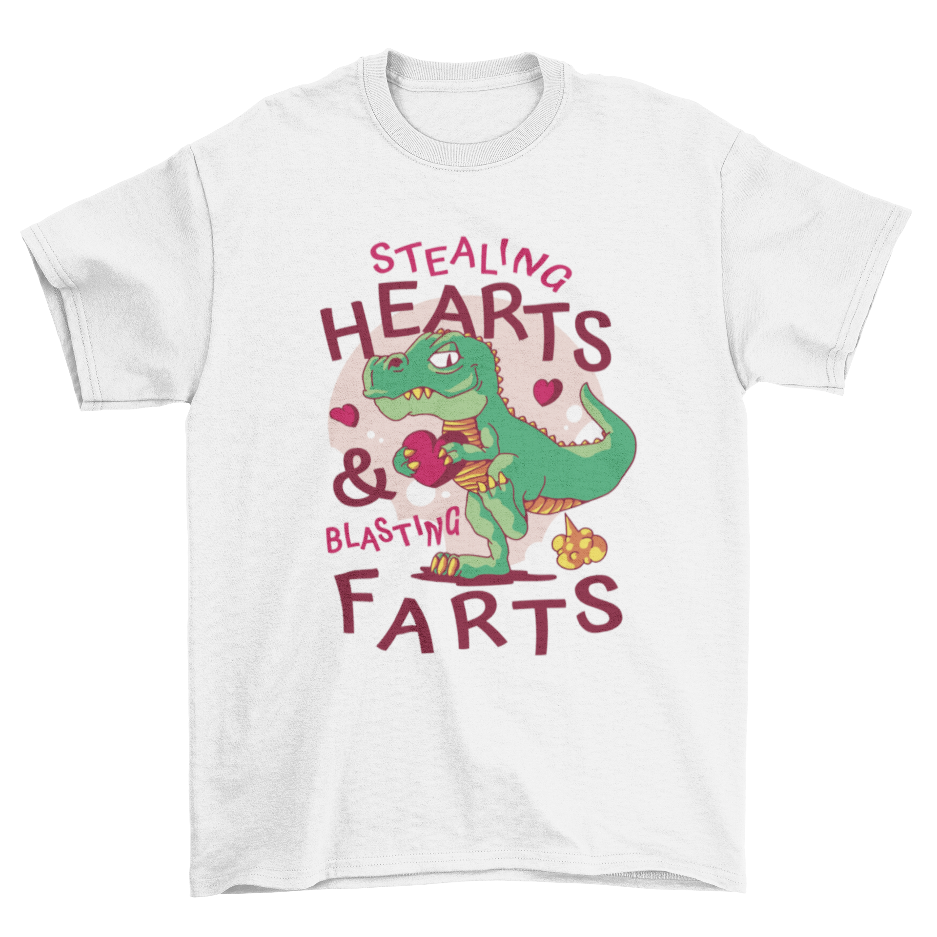 Funny Valentine's Day t-shirt featuring a T-Rex farting with the quote 'Stealing hearts & blasting farts'.