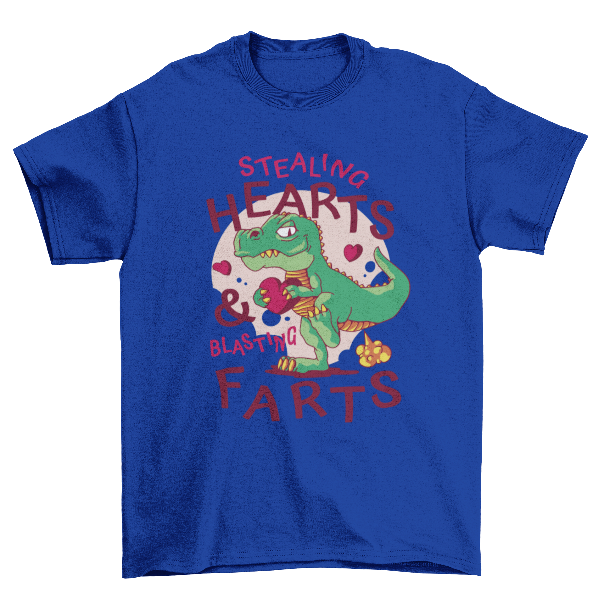 Funny Valentine's Day t-shirt featuring a T-Rex farting with the quote 'Stealing hearts & blasting farts'.