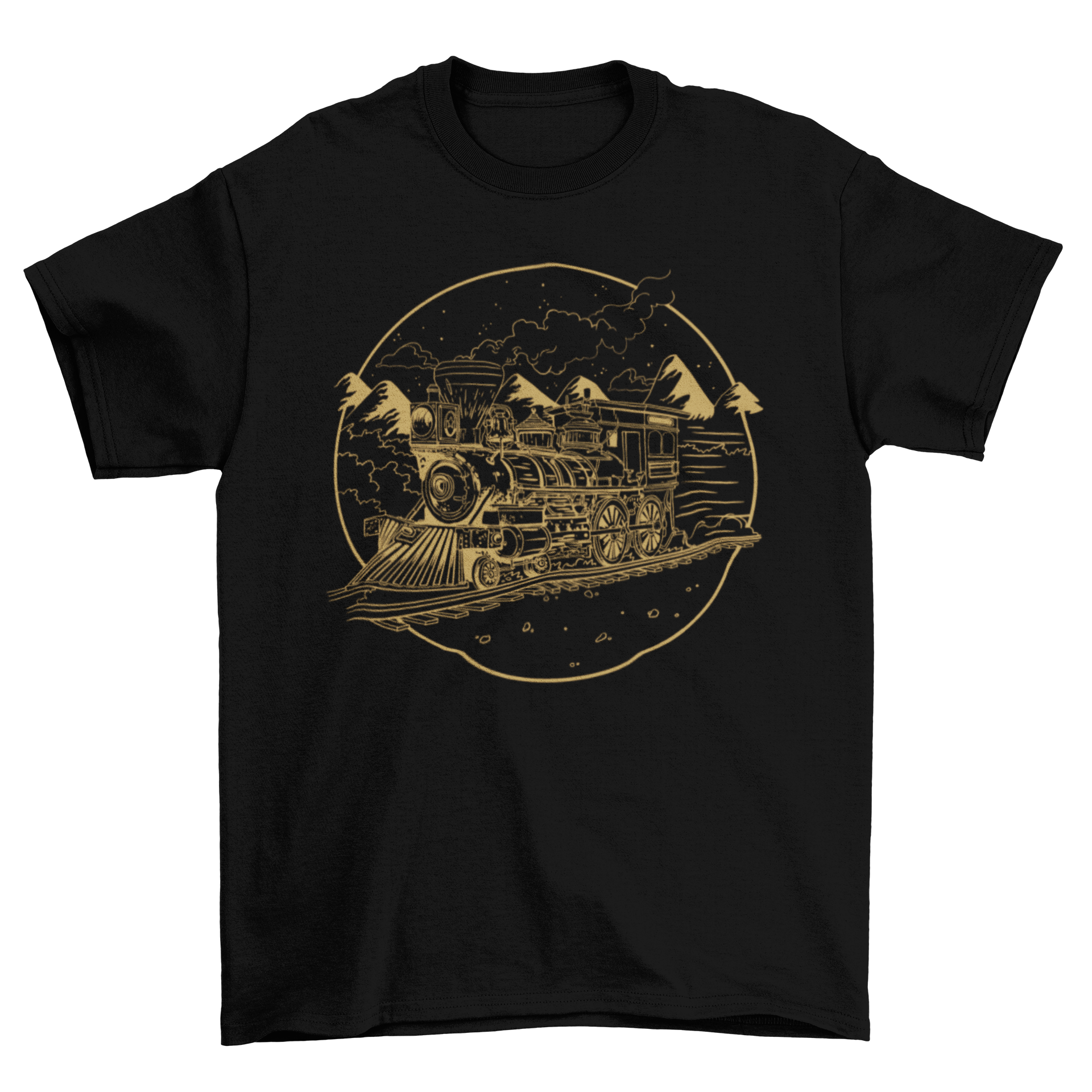 A stylish hand-drawn t-shirt featuring a detailed illustration of a steam train on a railroad, perfect for train lovers.