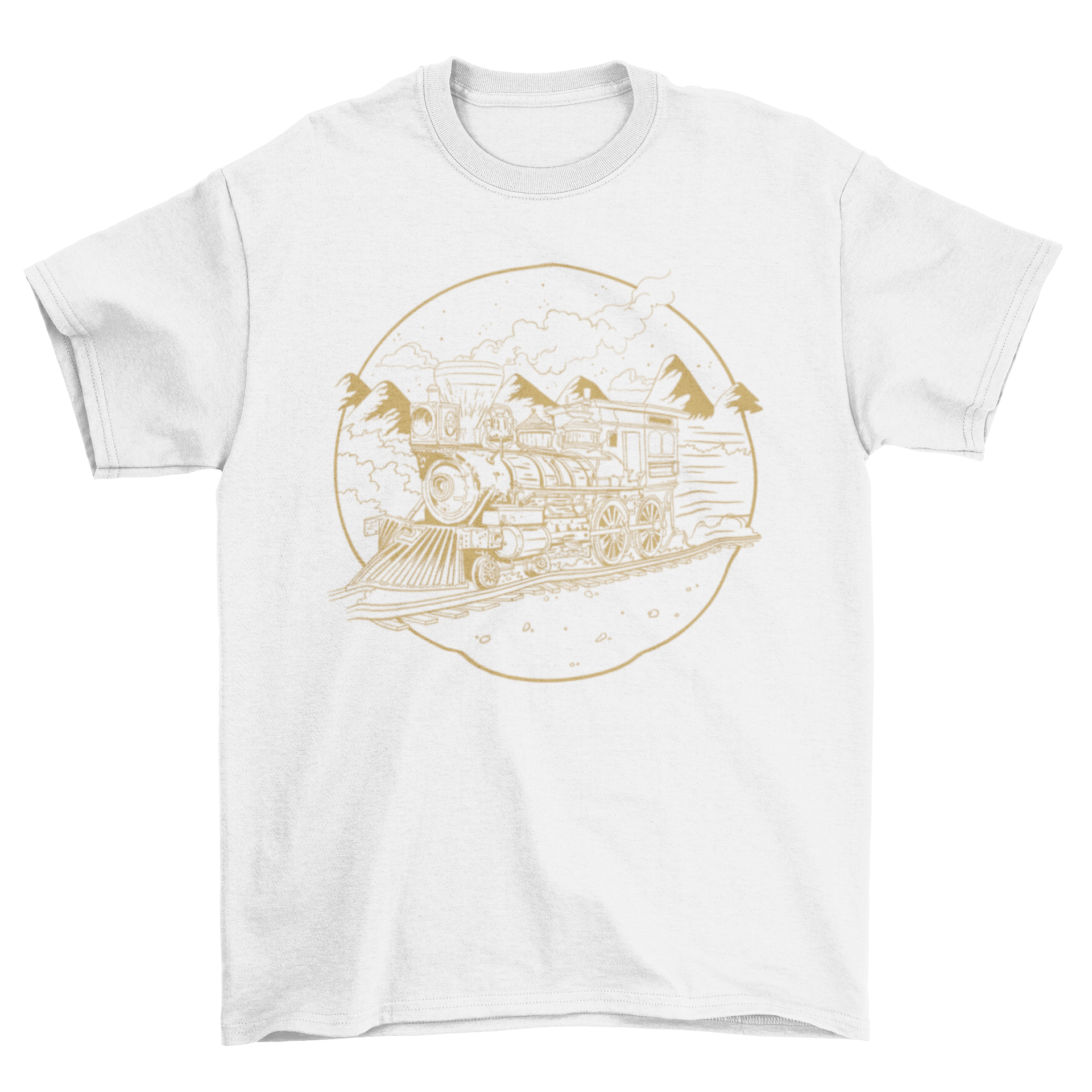 A stylish hand-drawn t-shirt featuring a detailed illustration of a steam train on a railroad, perfect for train lovers.