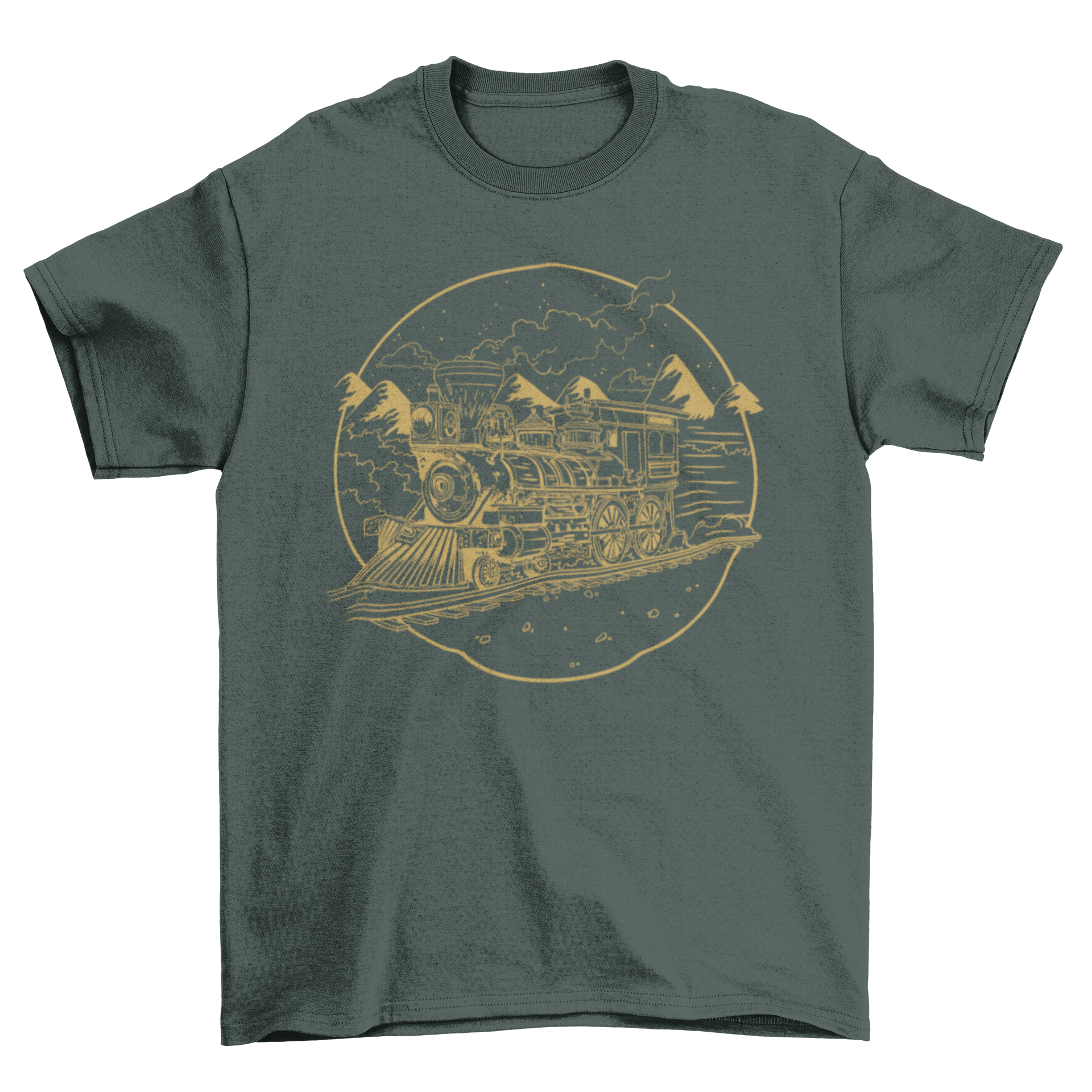 A stylish hand-drawn t-shirt featuring a detailed illustration of a steam train on a railroad, perfect for train lovers.