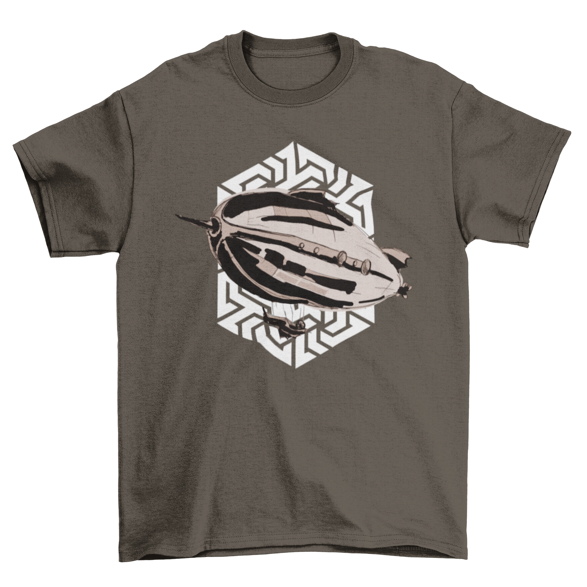 A stylish t-shirt featuring a detailed illustration of a steampunk airship, showcasing intricate designs and vintage aesthetics.