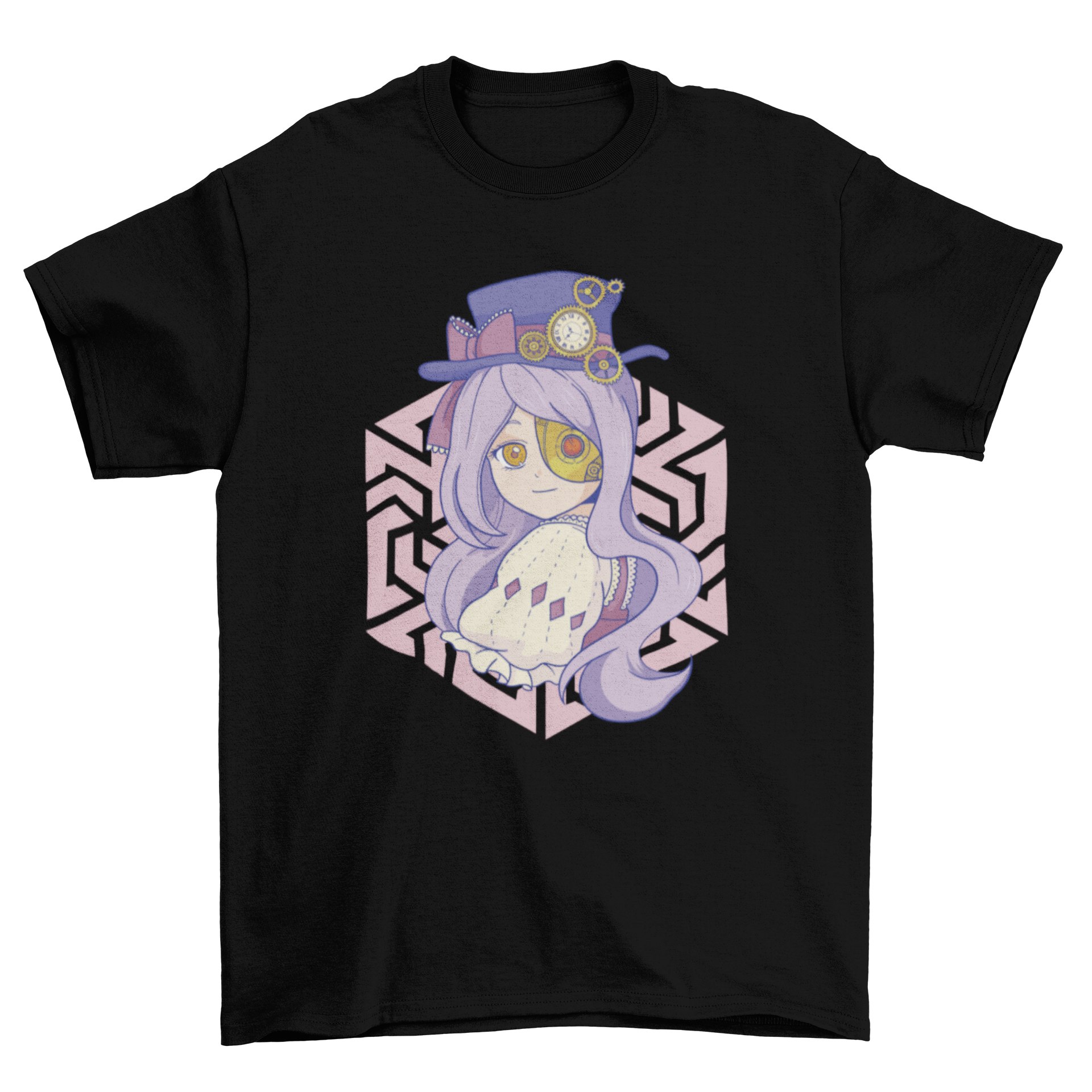 A stylish t-shirt featuring a pastel steampunk anime girl design, showcasing intricate details and vibrant colors.